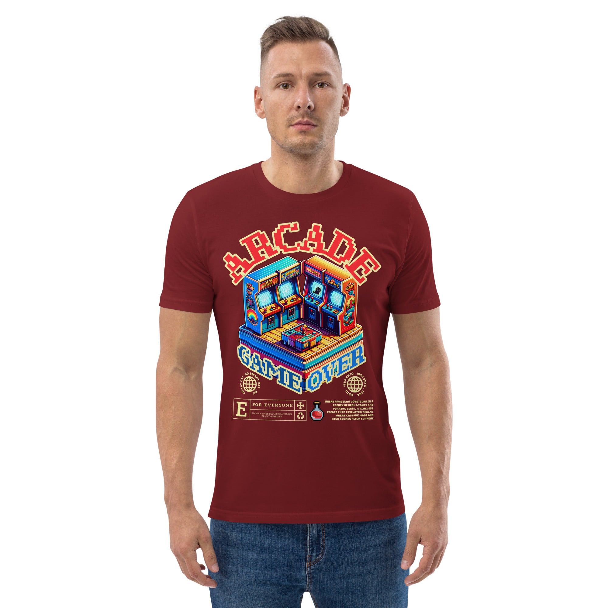 Model wearing red Arcade Cat Organic Cotton Tee with colorful arcade cat graphic