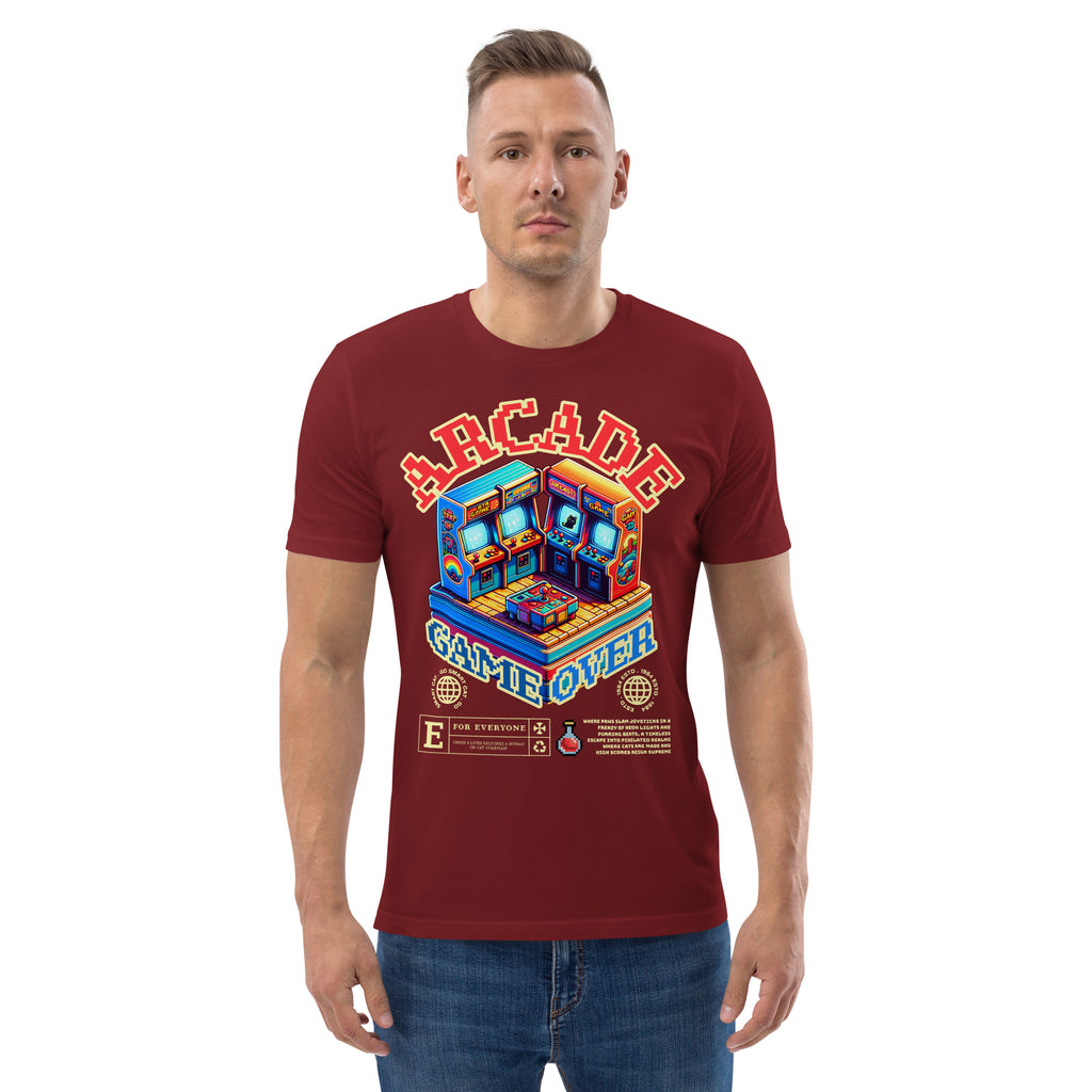 Model wearing red Arcade Cat Organic Cotton Tee with colorful arcade cat graphic