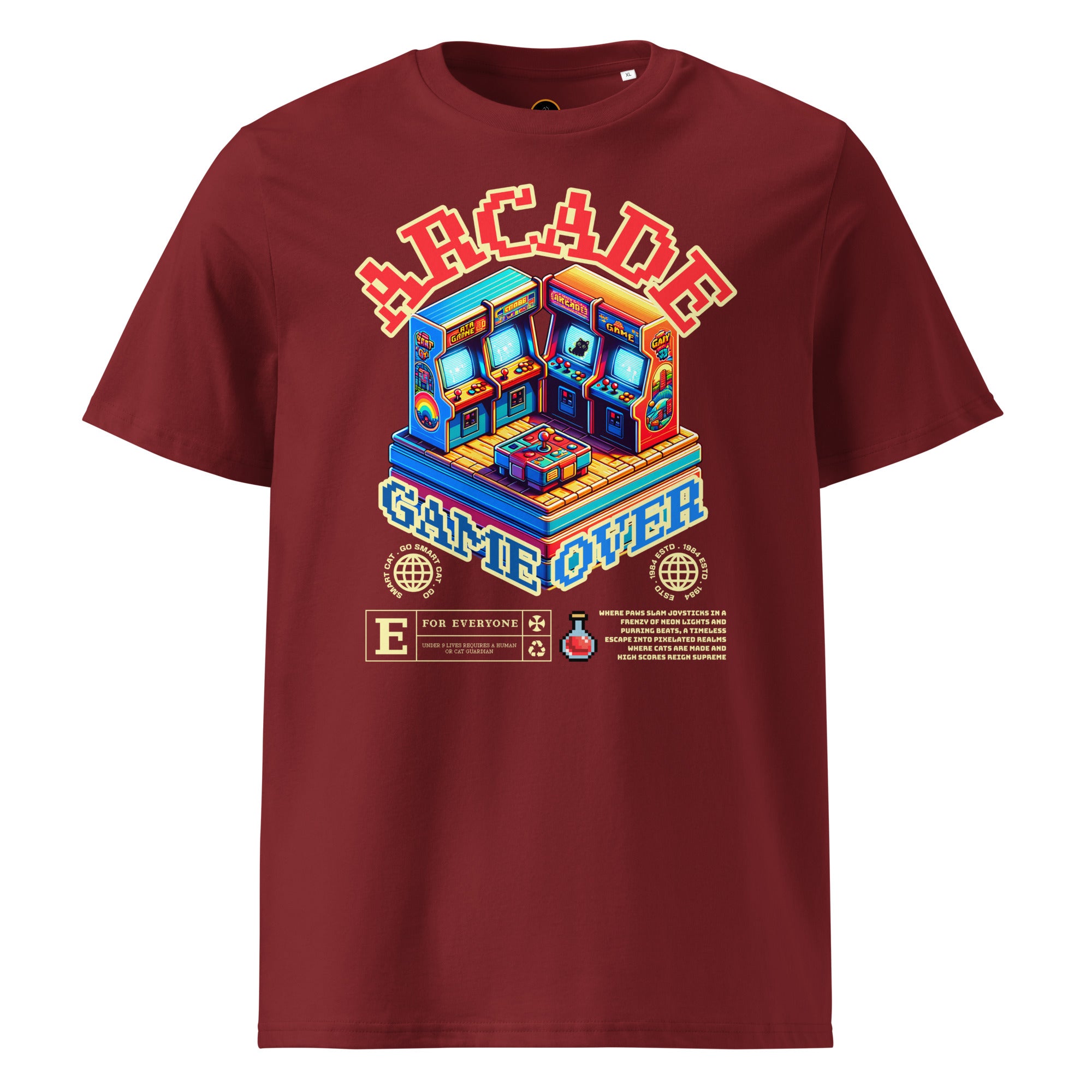 Burgundy Arcade Cat Organic Cotton Tee with colorful arcade cat graphic