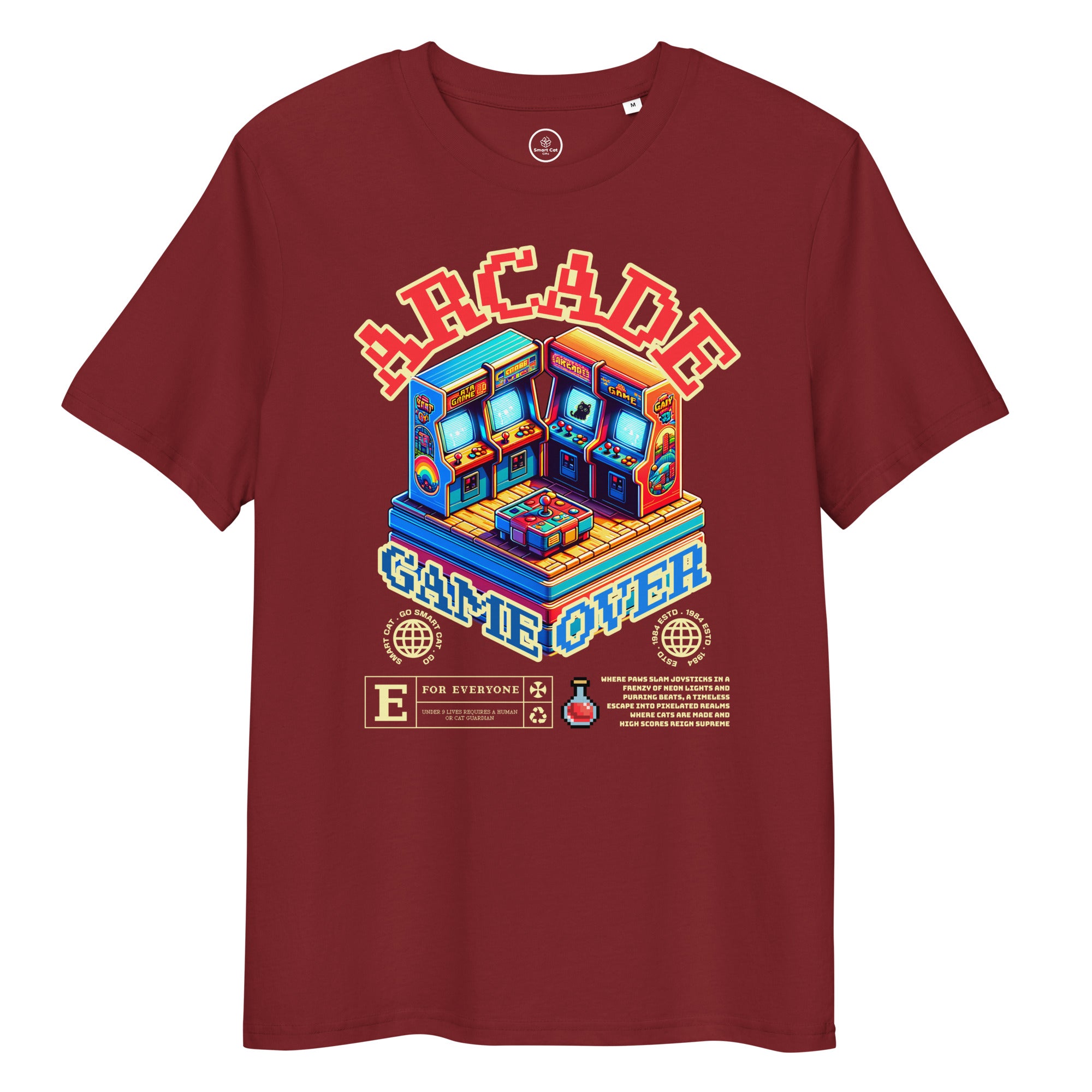 Burgundy Arcade Cat Organic Cotton Tee with colorful arcade cat graphic