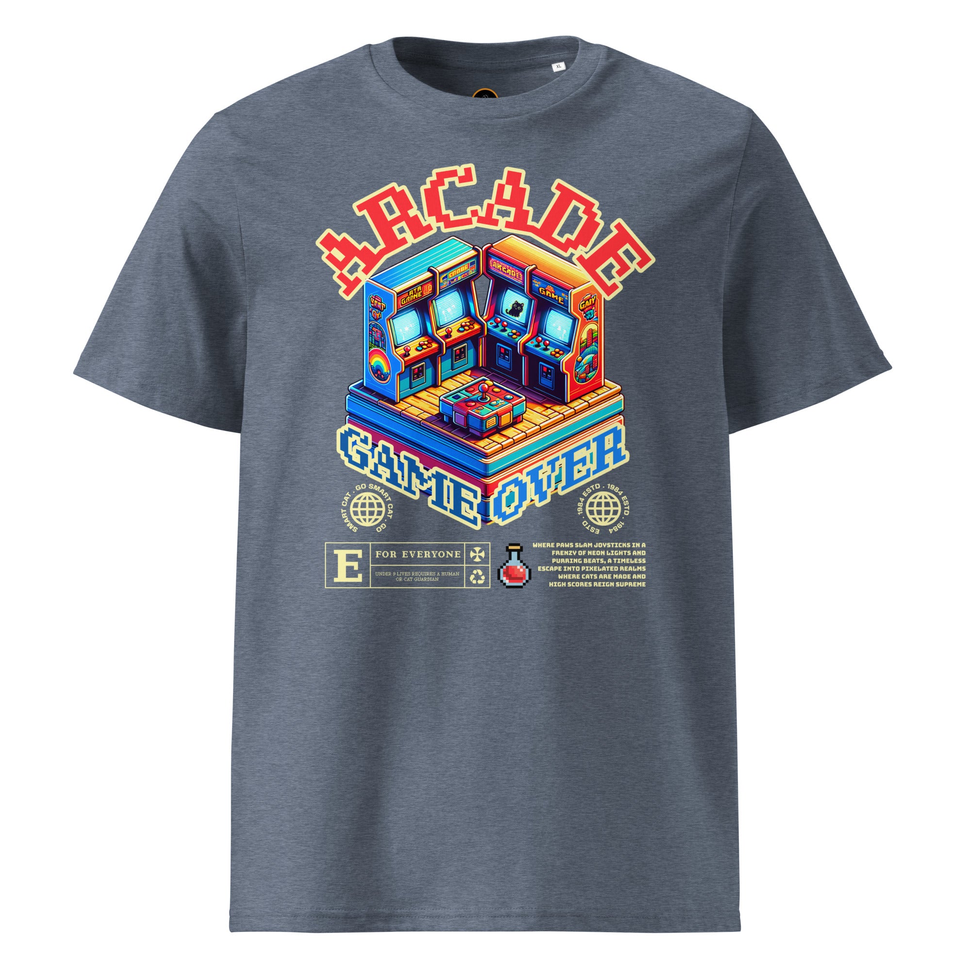Blue Arcade Cat Organic Cotton Tee with colorful arcade cat graphic