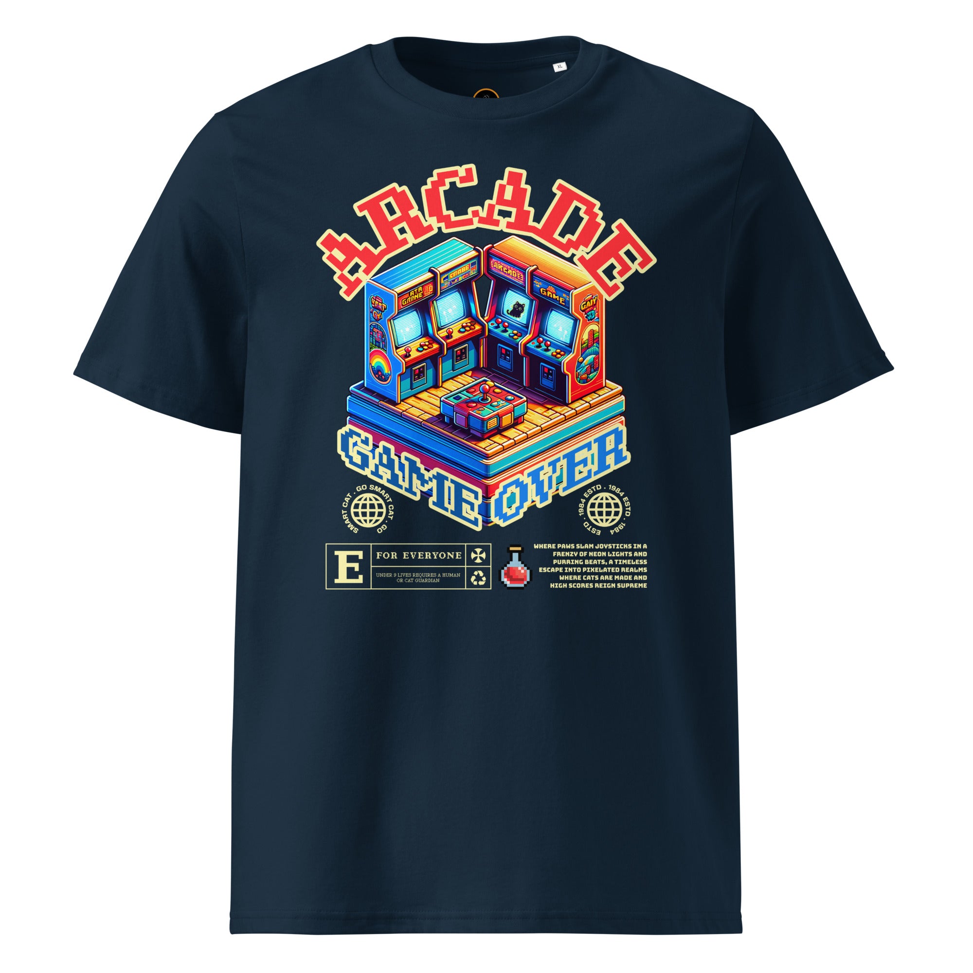 Navy Arcade Cat Organic Cotton Tee with colorful arcade cat graphic