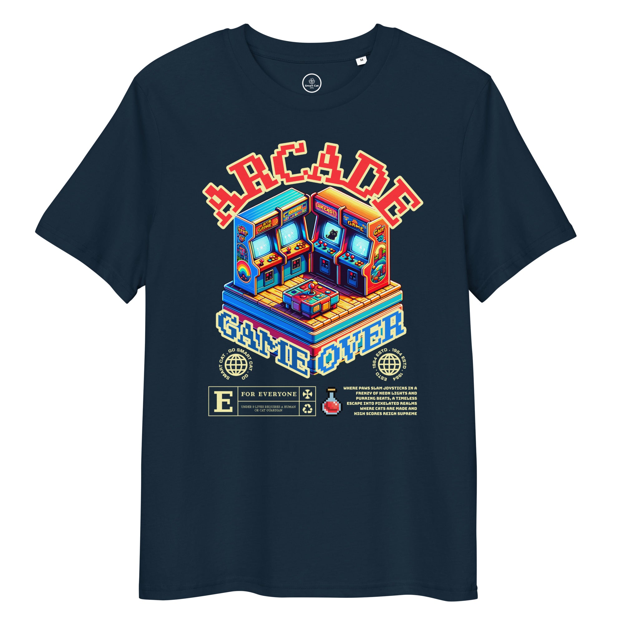 Navy Arcade Cat Organic Cotton Tee with colorful arcade cat graphic