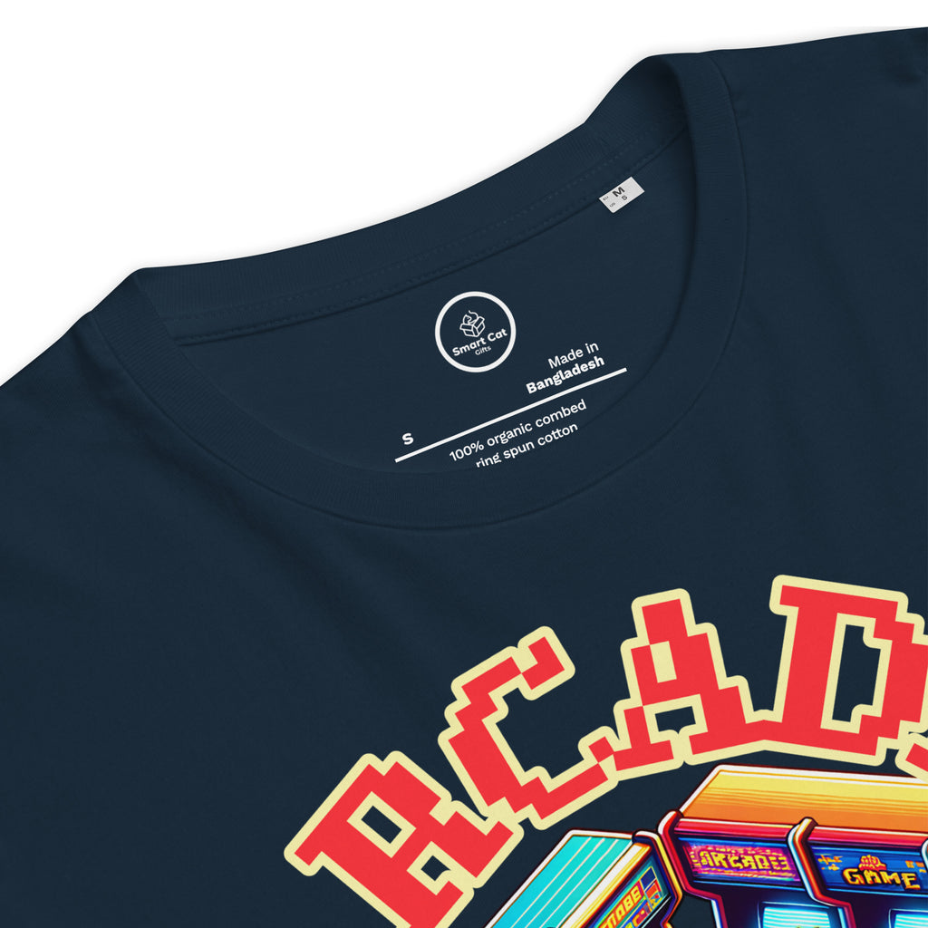 Navy Arcade Cat Organic Cotton Tee with arcade cat graphic and Smart Cat Gifts neck label