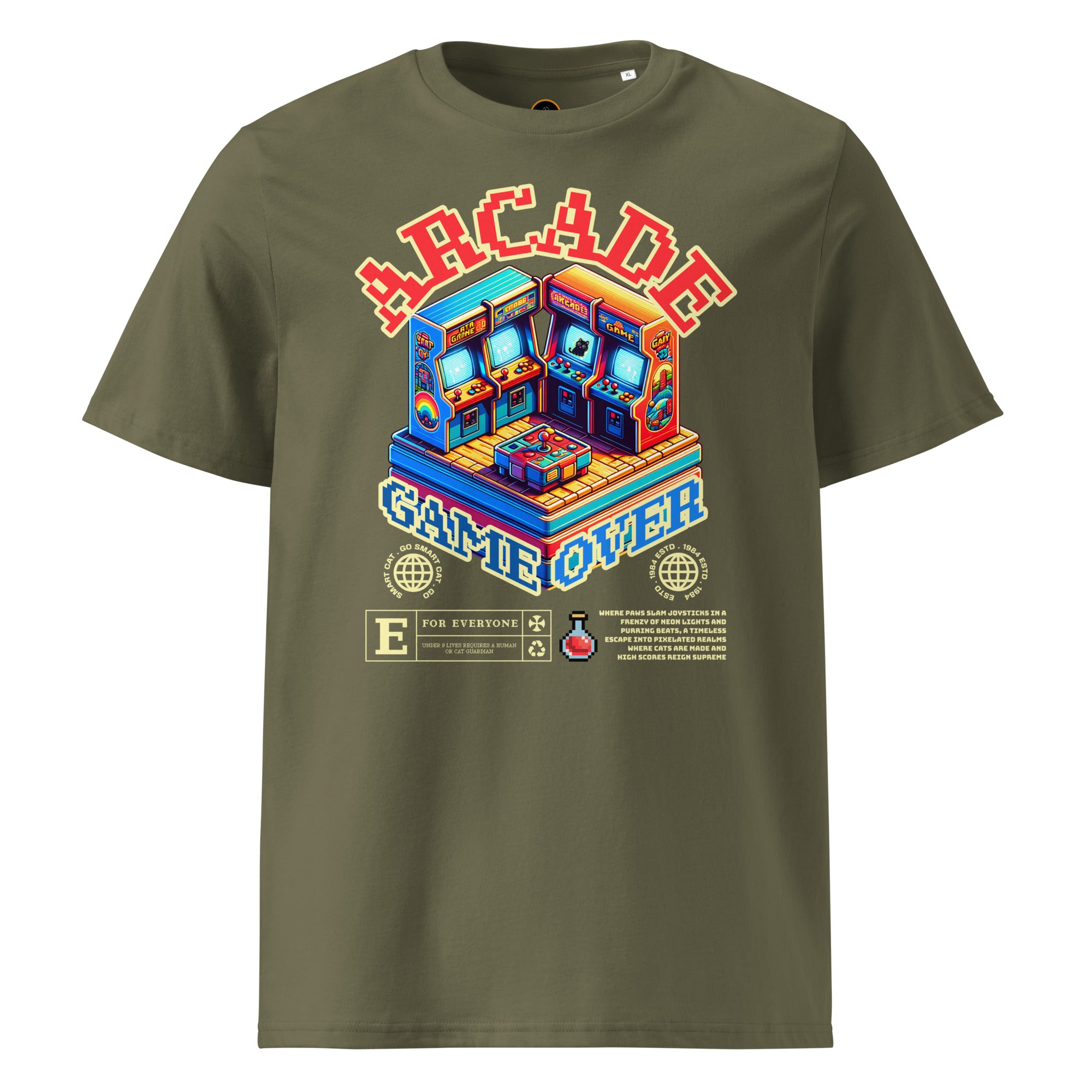 Khaki Arcade Cat Organic Cotton Tee with colorful arcade cat graphic