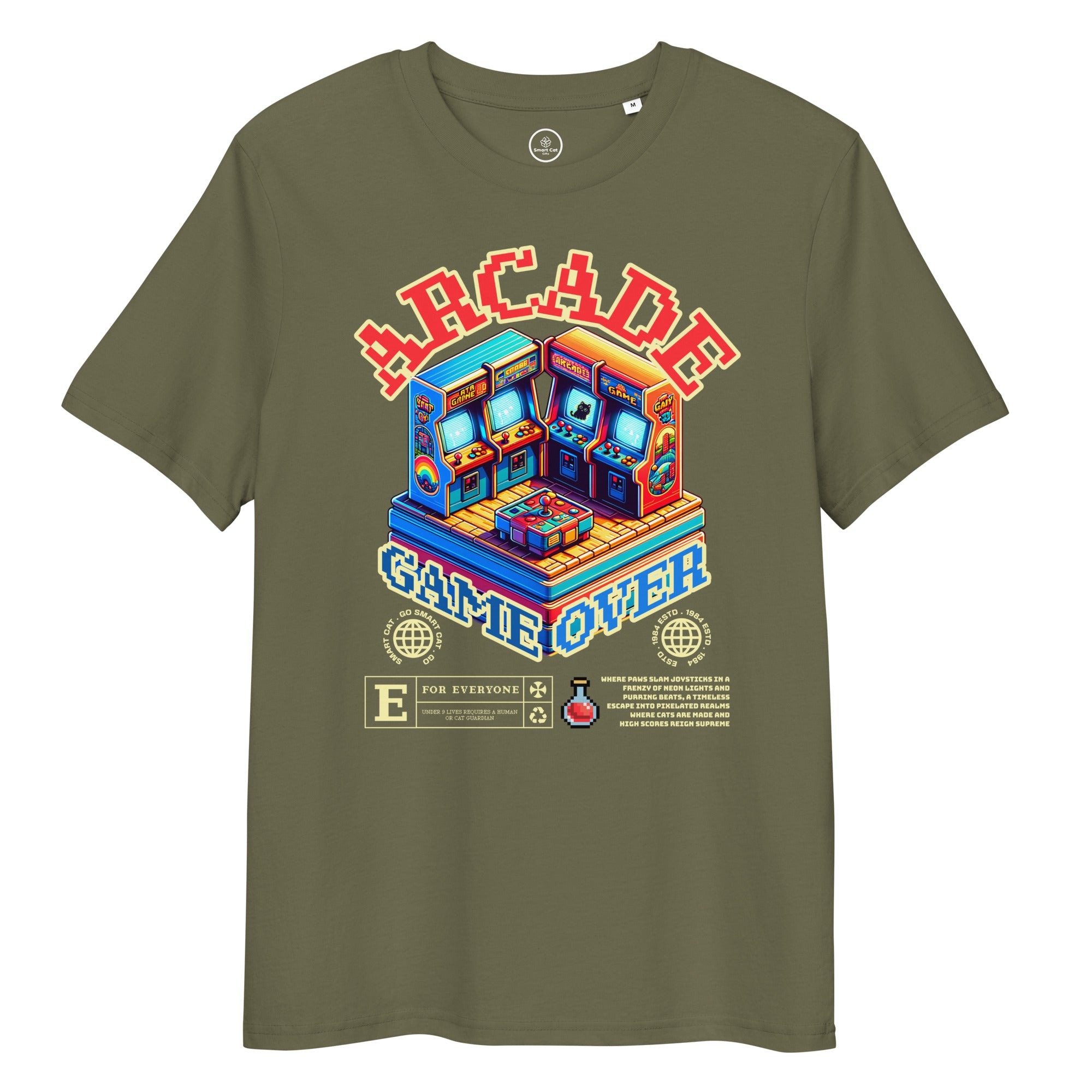 Khaki Arcade Cat Organic Cotton Tee with colorful arcade cat graphic