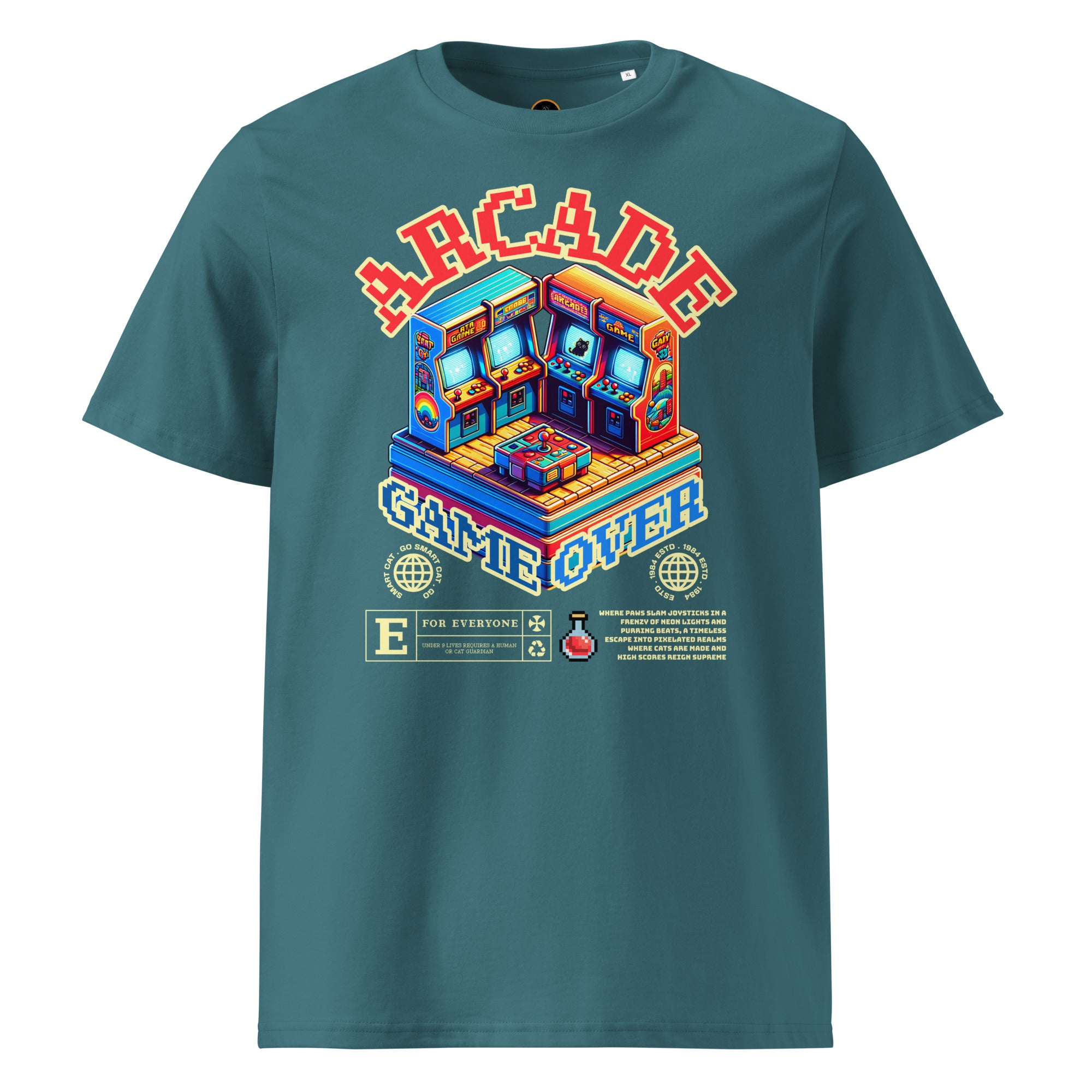 Green Arcade Cat Organic Cotton Tee with colorful arcade cat graphic