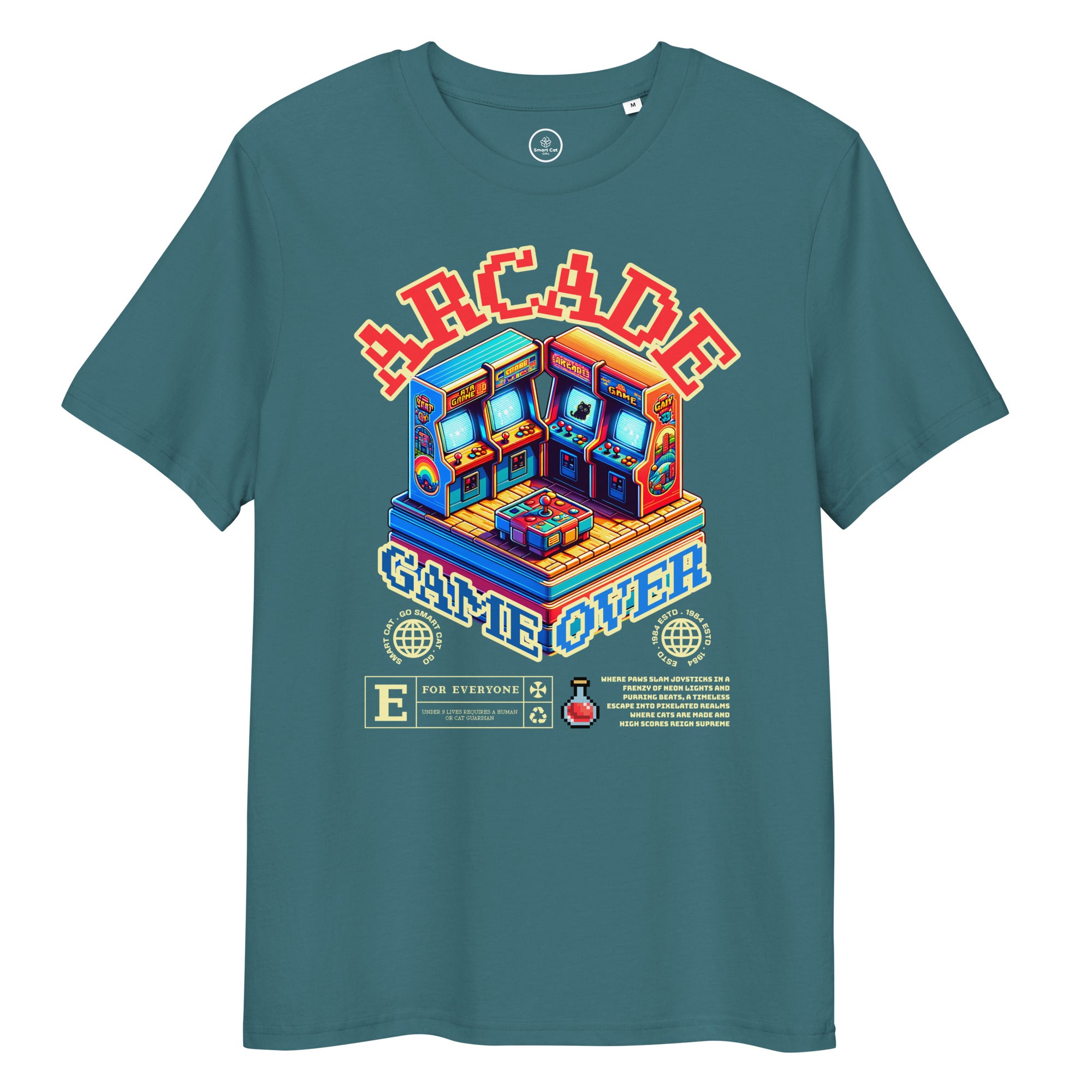 Green Arcade Cat Organic Cotton Tee with colorful arcade cat graphic