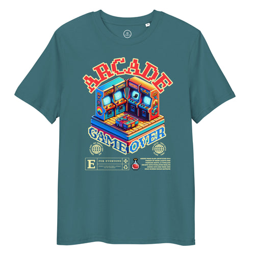 Green Arcade Cat Organic Cotton Tee with colorful arcade cat graphic