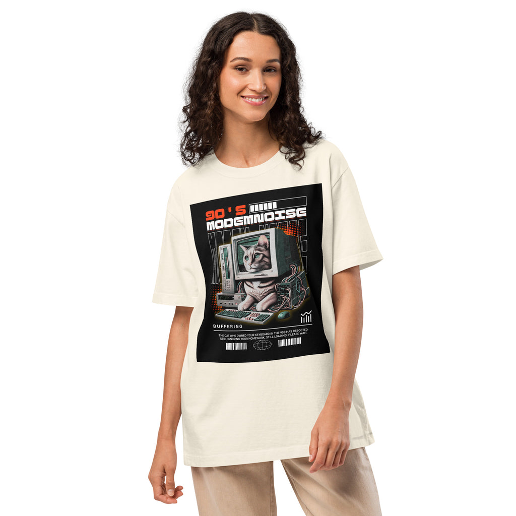 Woman wearing Modem Noise oversized tee in vintage white with 90s cat CRT computer design