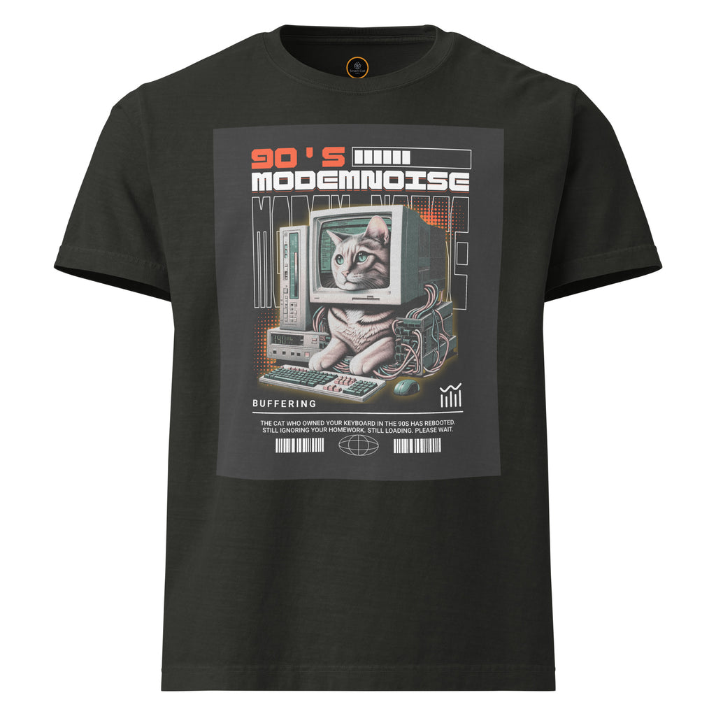 Modem Noise oversized tee in washed black with 90s cat CRT computer graphic on chest