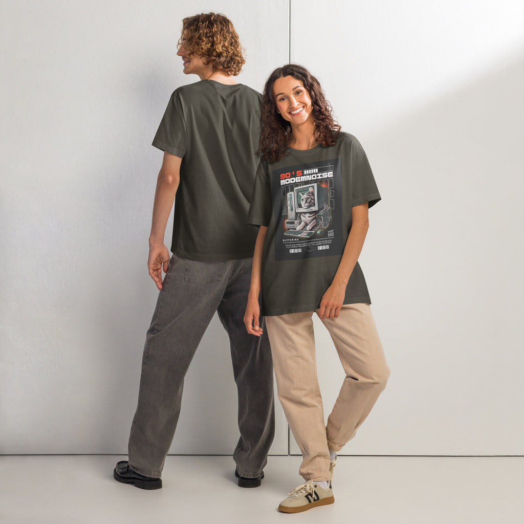 Man and woman wearing Modem Noise oversized tee in washed charcoal, front and back view