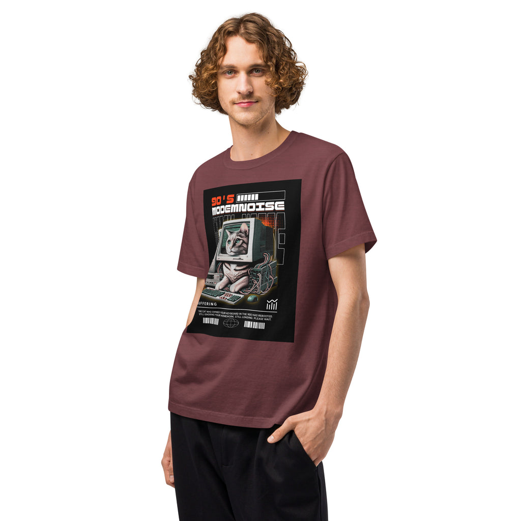Man wearing Modem Noise oversized tee in washed maroon with 90s cat computer graphic