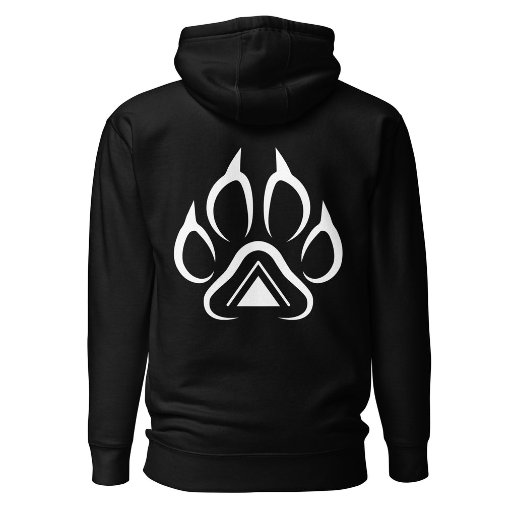 Black Grit City Tribe hoodie back with tribal lion paw print and triangle center graphic