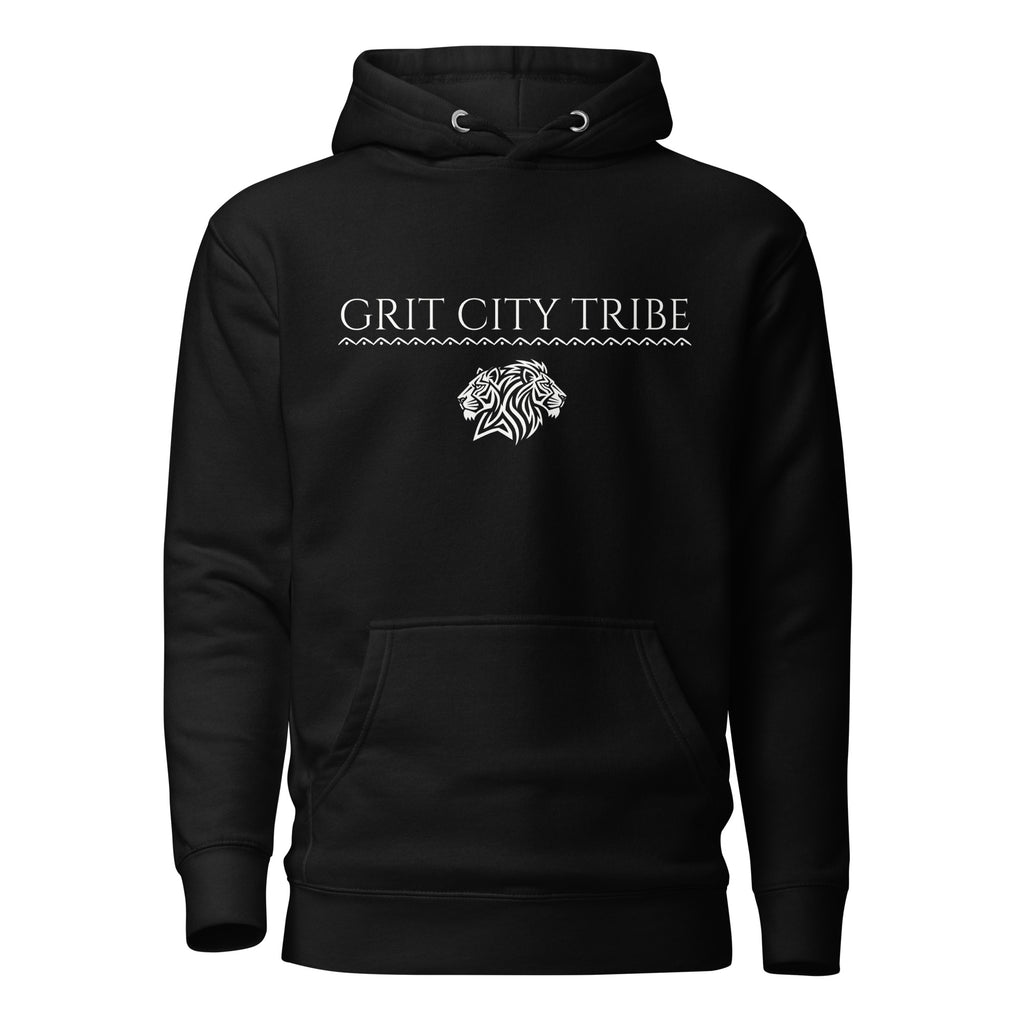 Black Grit City Tribe streetwear hoodie with tribal lioness and male lion graphic on chest