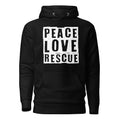 Black Peace Love Rescue Streetwear Hoodie with white graphic.