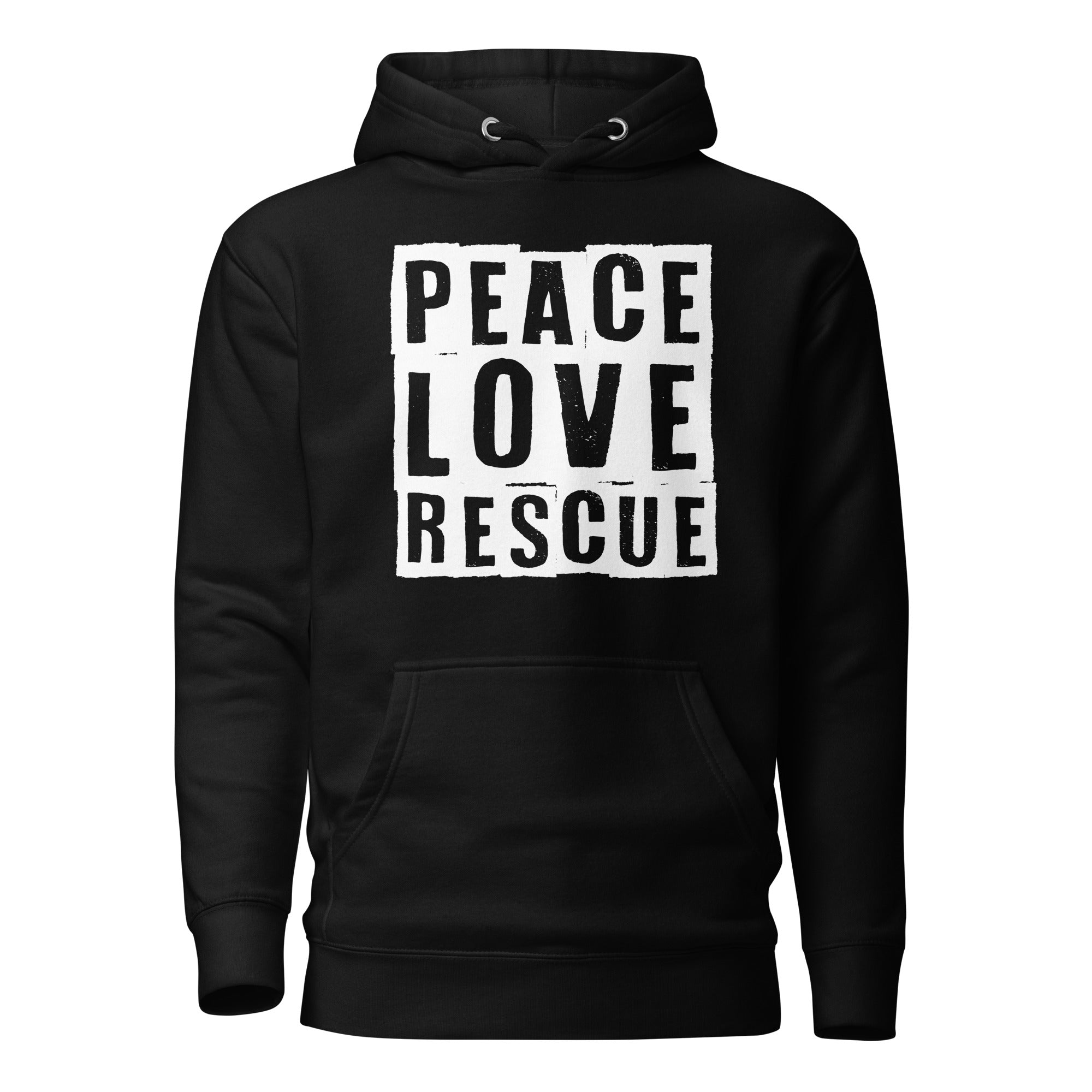 Black Peace Love Rescue Streetwear Hoodie with white graphic.