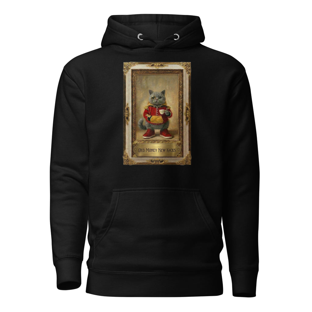 Black hoodie with Renaissance portrait in ornate gilded frame graphic, front view