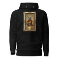Black hoodie with Renaissance portrait in ornate gilded frame graphic, front view