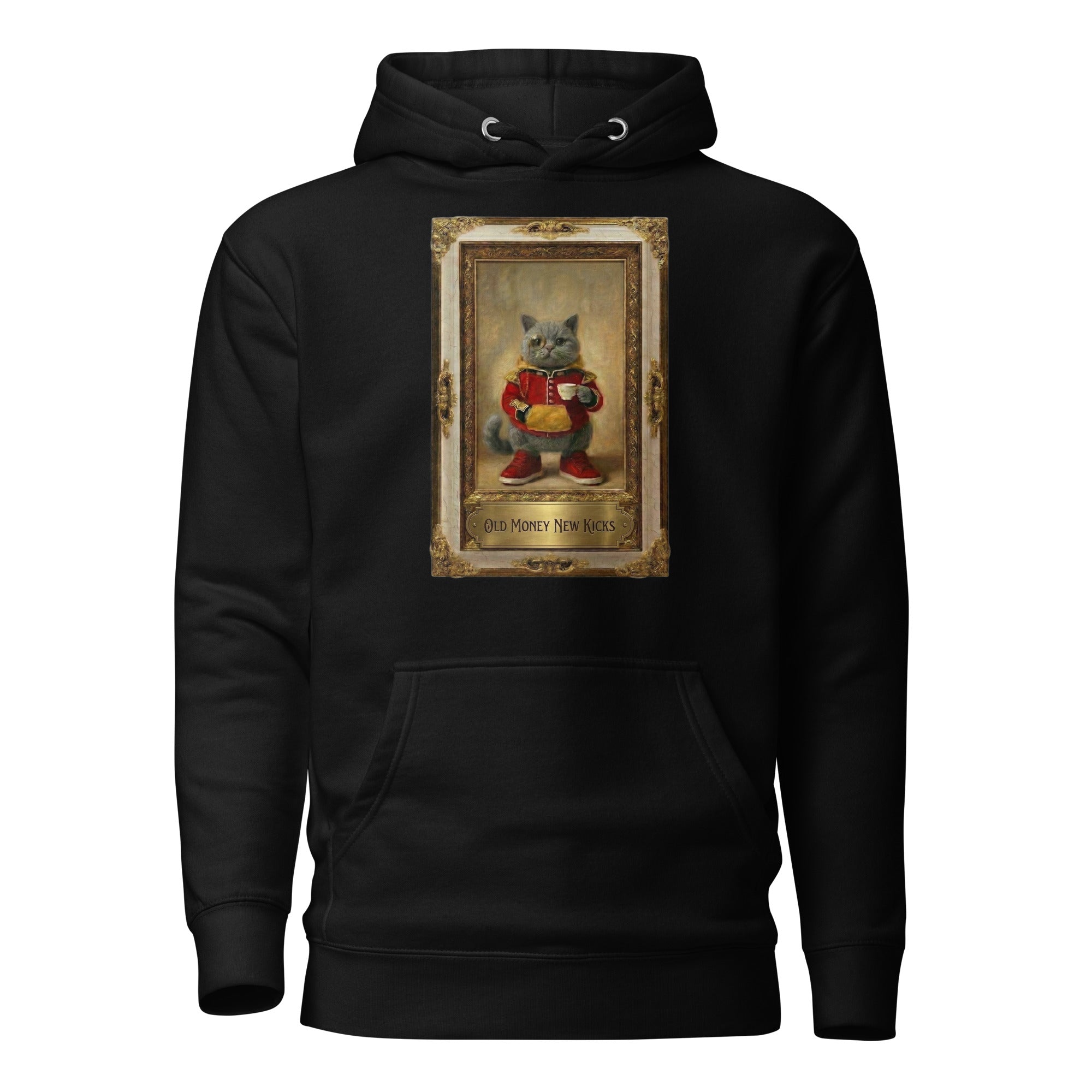 Black hoodie with Renaissance portrait in ornate gilded frame graphic, front view