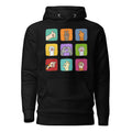 Black hoodie with colorful paw signals grid graphic, front flat lay