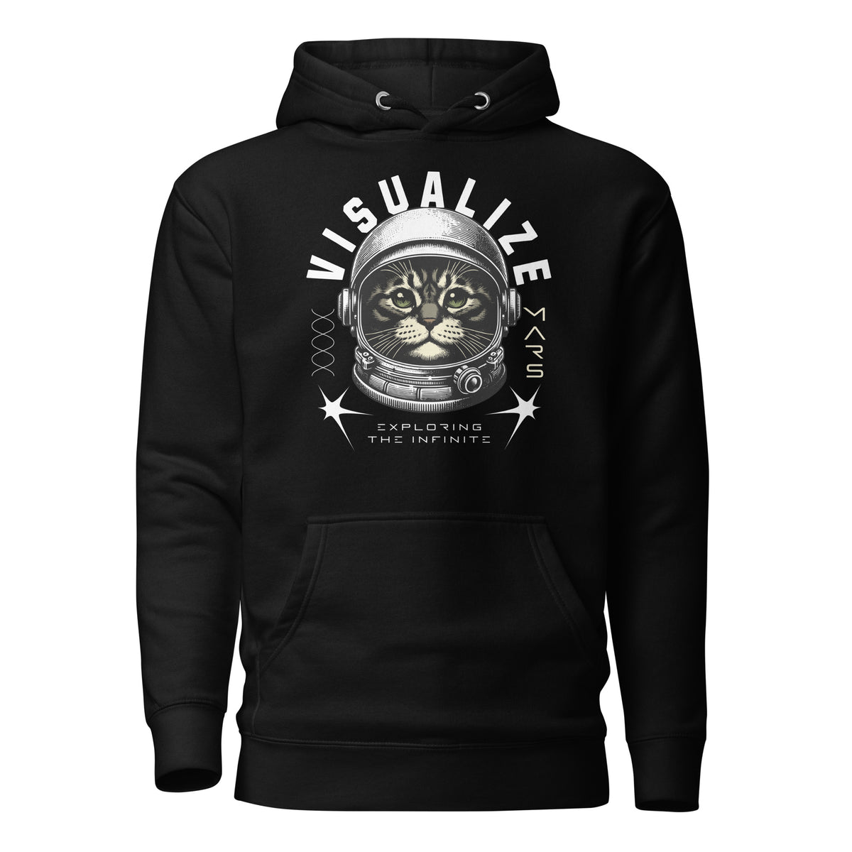 Front  view of a black hoodie with a graphic of a cat wearing a space helmet. The text above the graphic reads, "VISUALIZE MARS," with the sub-text, "EXPLORE THE INFINITE.