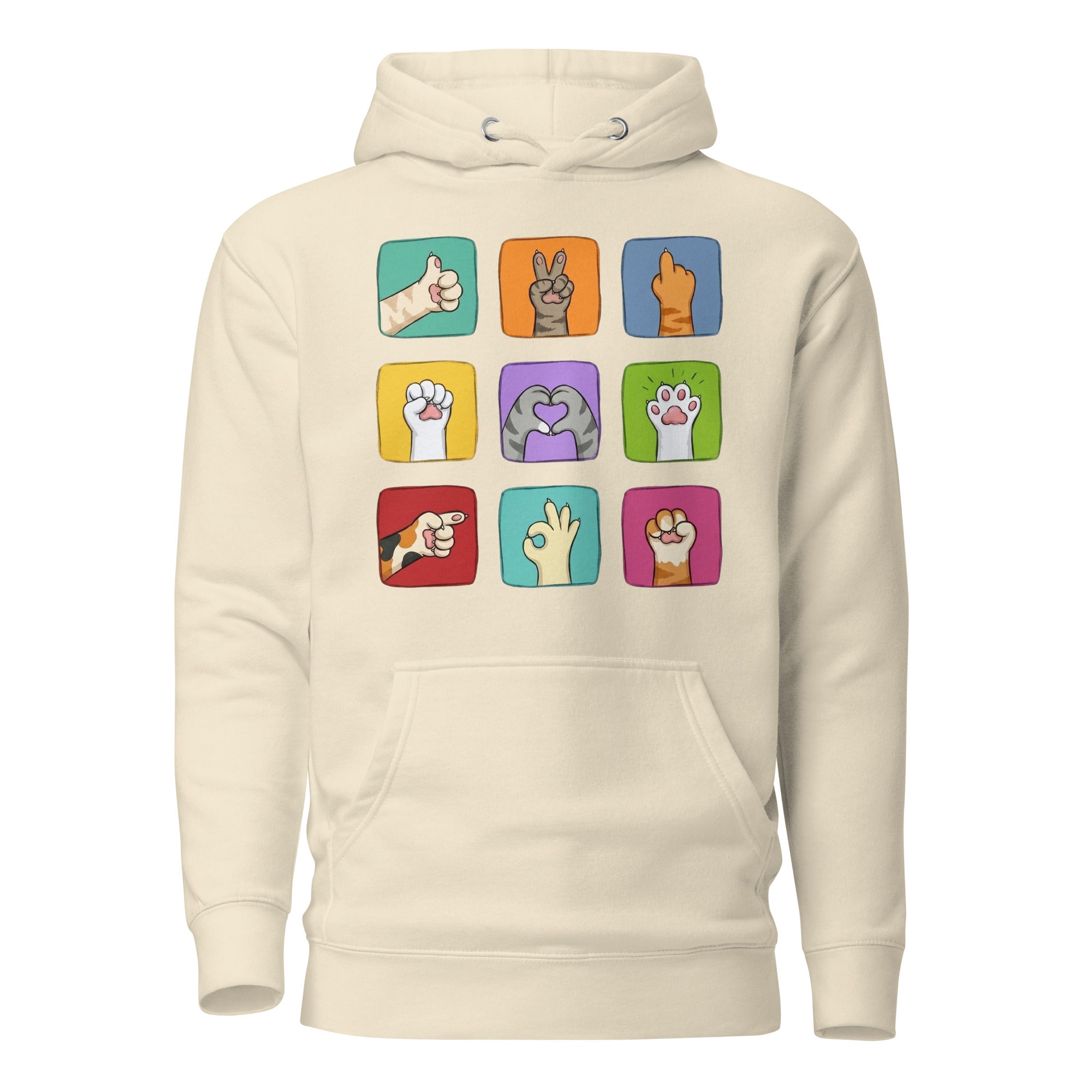 Cream hoodie with colorful paw signals grid graphic, front flat lay
