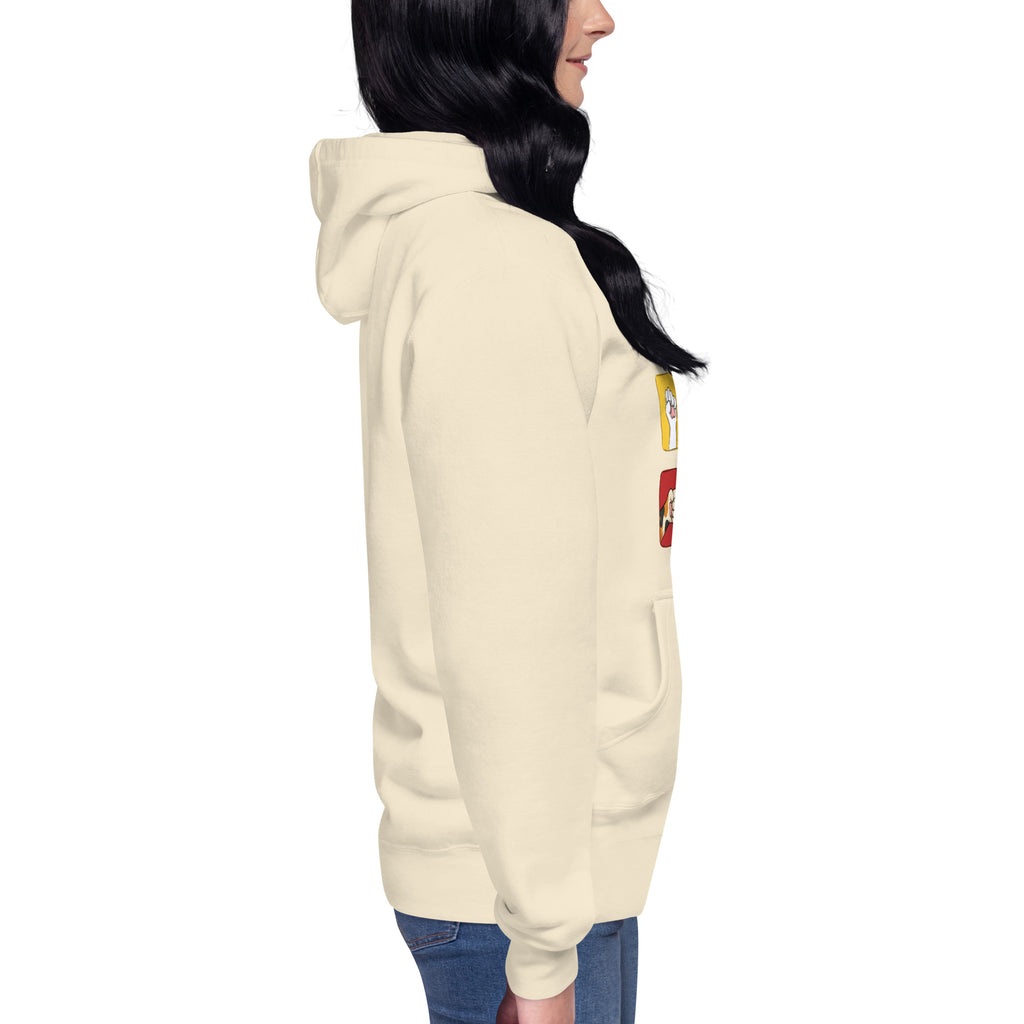 Model wearing cream hoodie, right side view