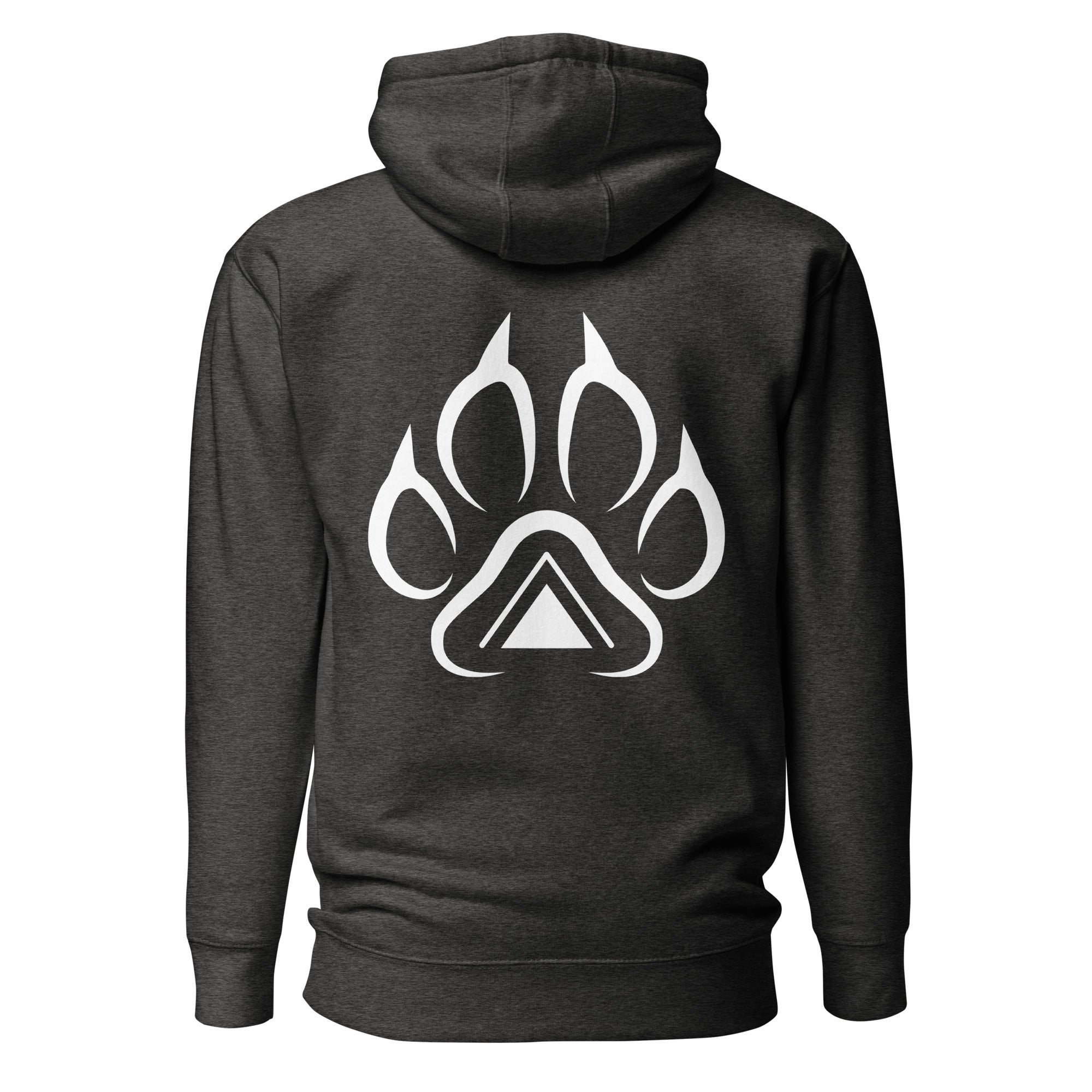Gray Grit City Tribe hoodie back with tribal lion paw print and triangle center graphic