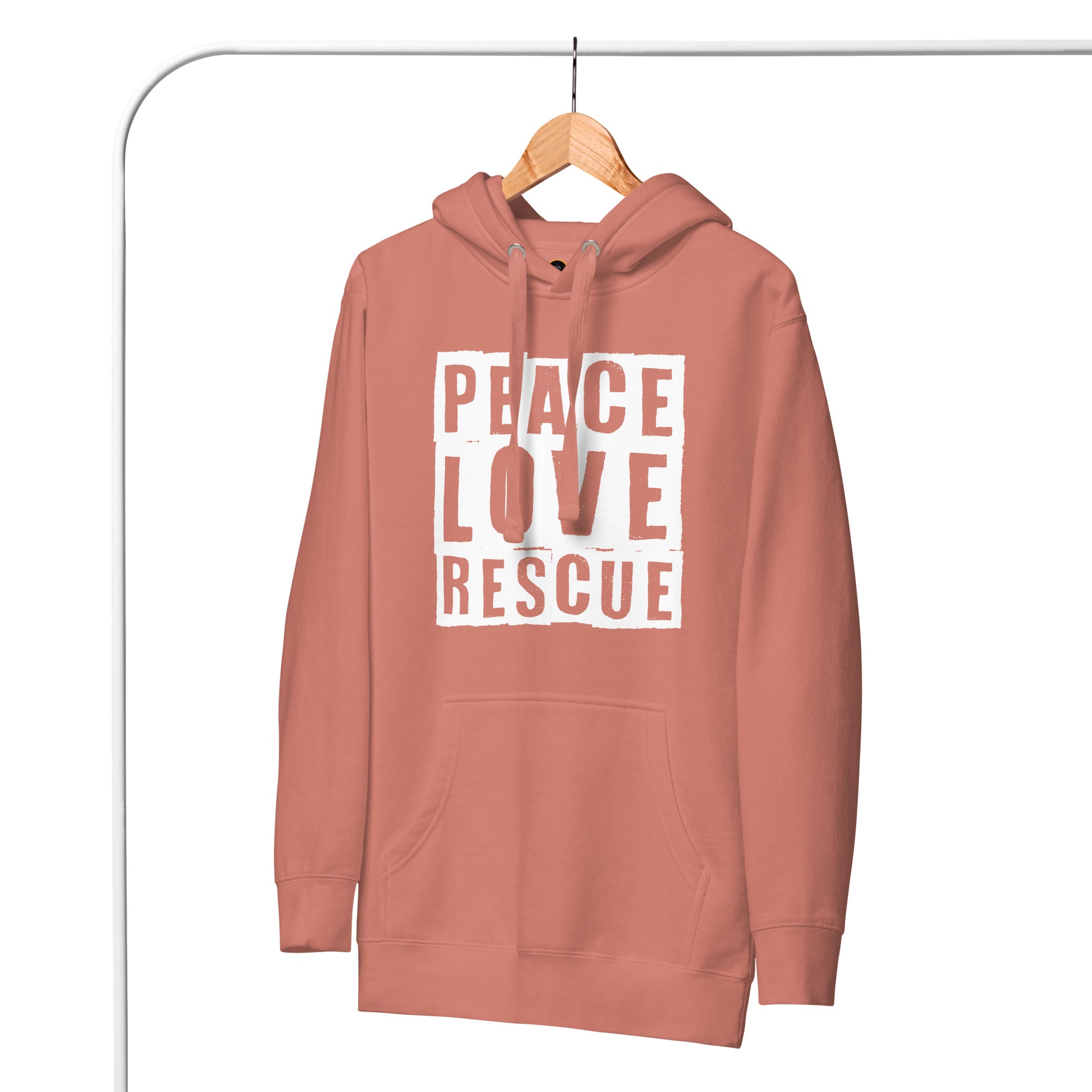 Hanging Dusty Rose Peace Love Rescue Streetwear Hoodie with white graphic.
