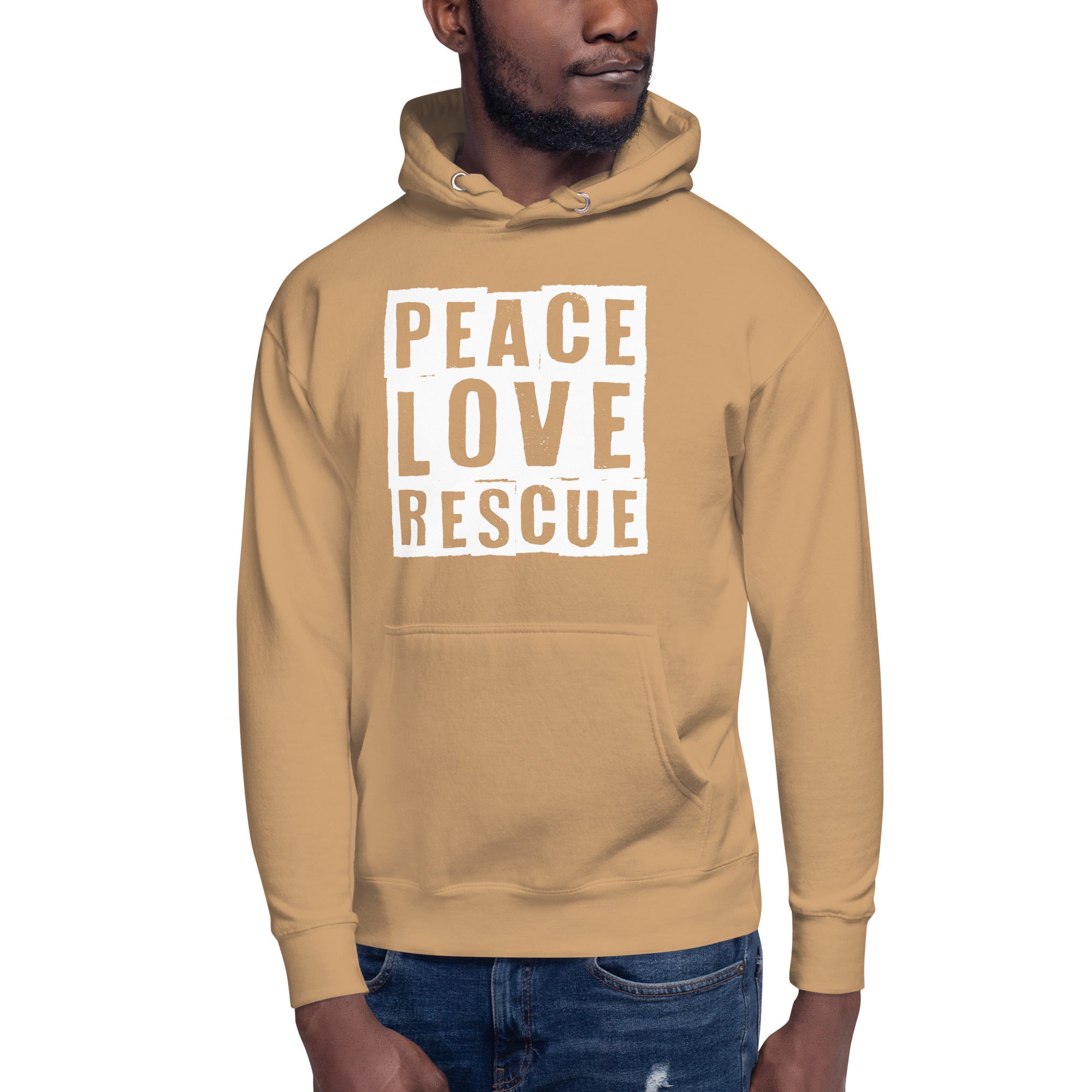 Model wearing Khaki Peace Love Rescue Streetwear Hoodie with white graphic.