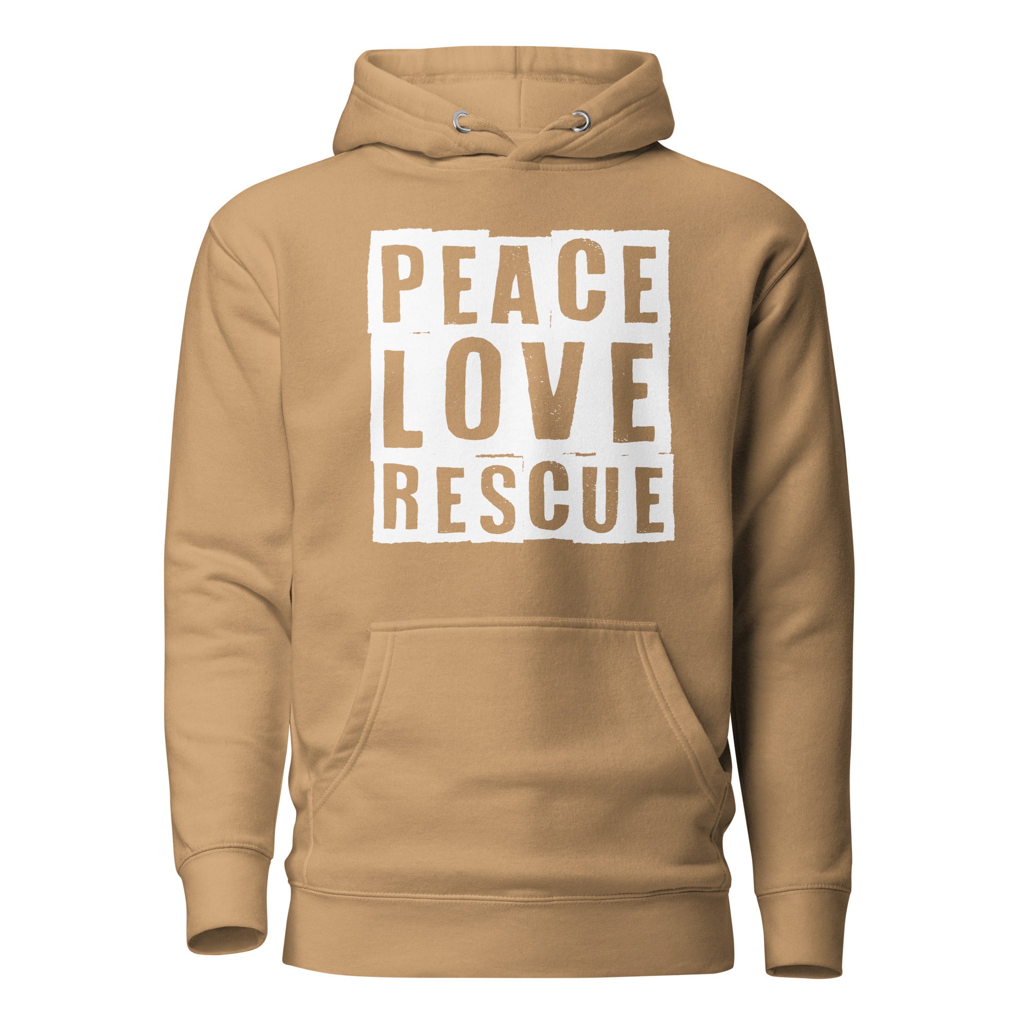 Khaki Peace Love Rescue Streetwear Hoodie with white graphic.