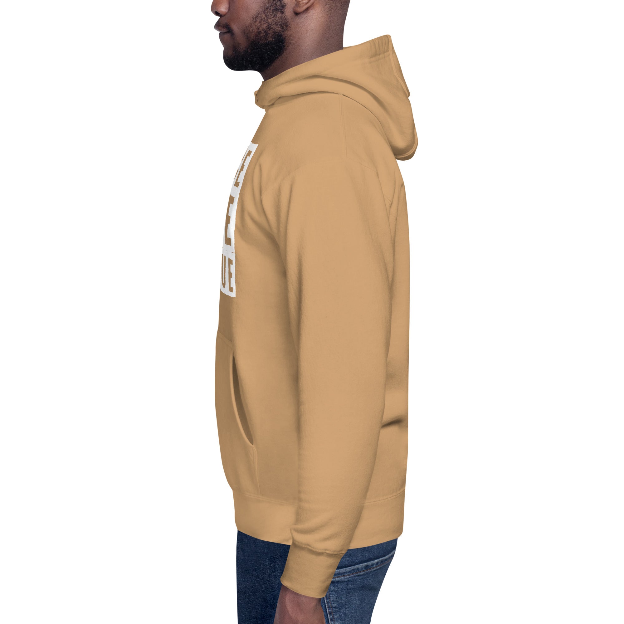 Model wearing Khaki Peace Love Rescue Streetwear Hoodie, left side view.