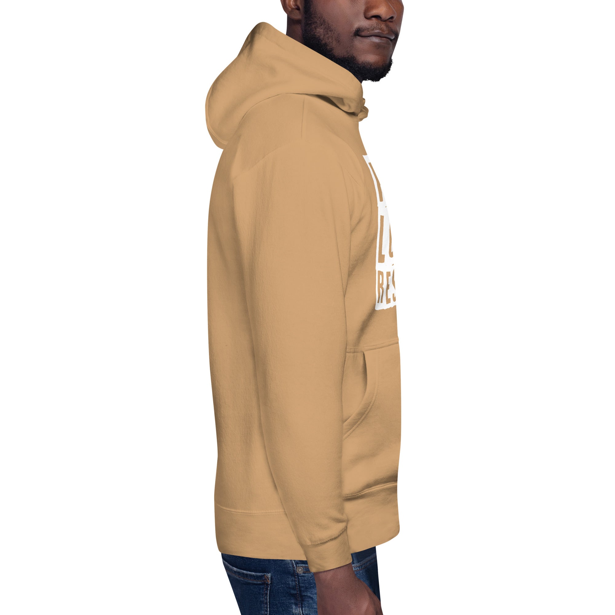 Model wearing Khaki Peace Love Rescue Streetwear Hoodie, right side view.