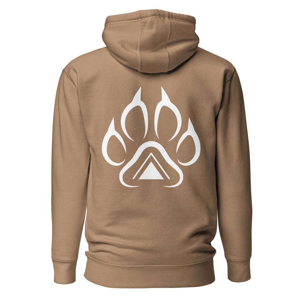 Beige Grit City Tribe hoodie back with tribal lion paw print and triangle graphic