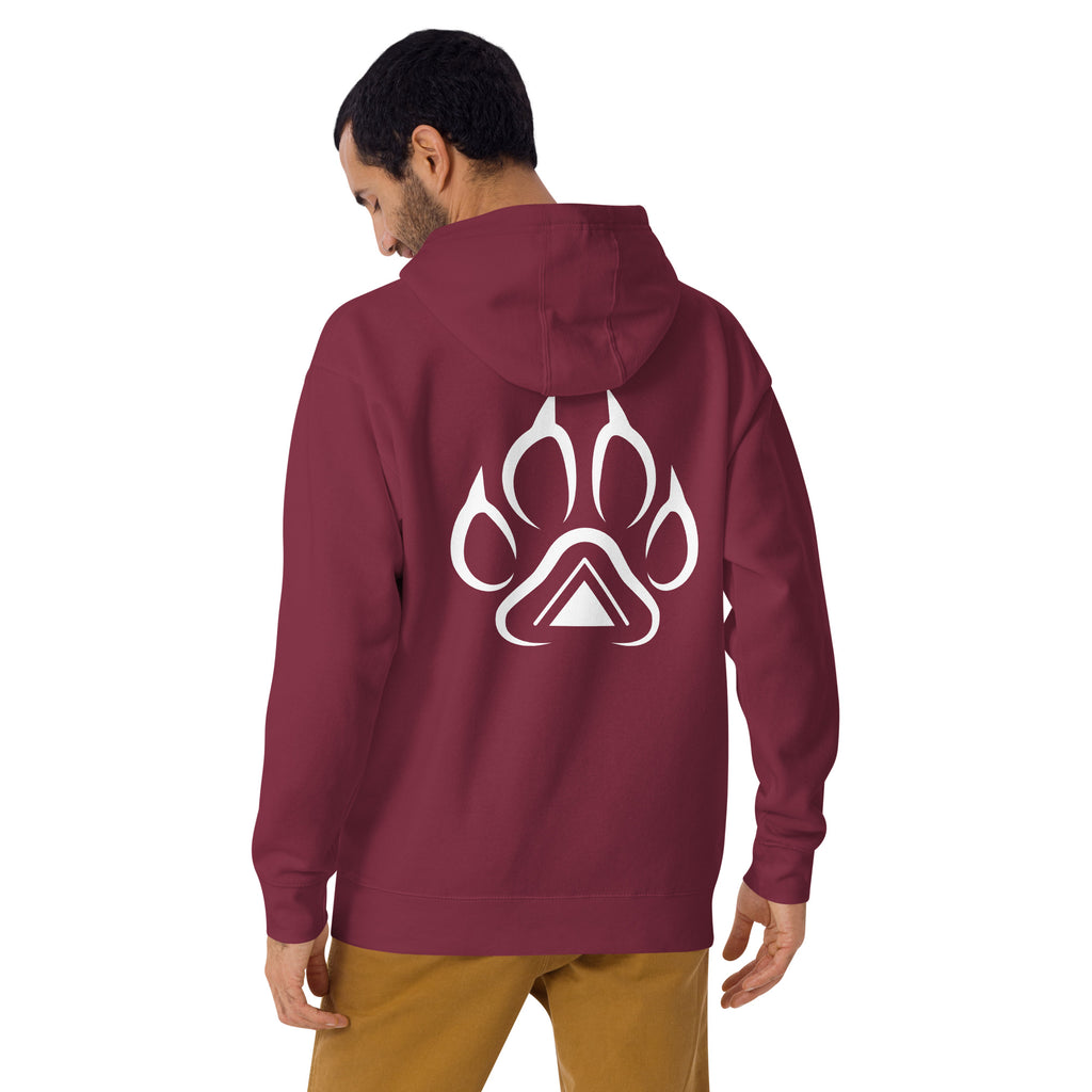 Back view of maroon Grit City Tribe hoodie with oversized tribal lion paw and triangle graphic