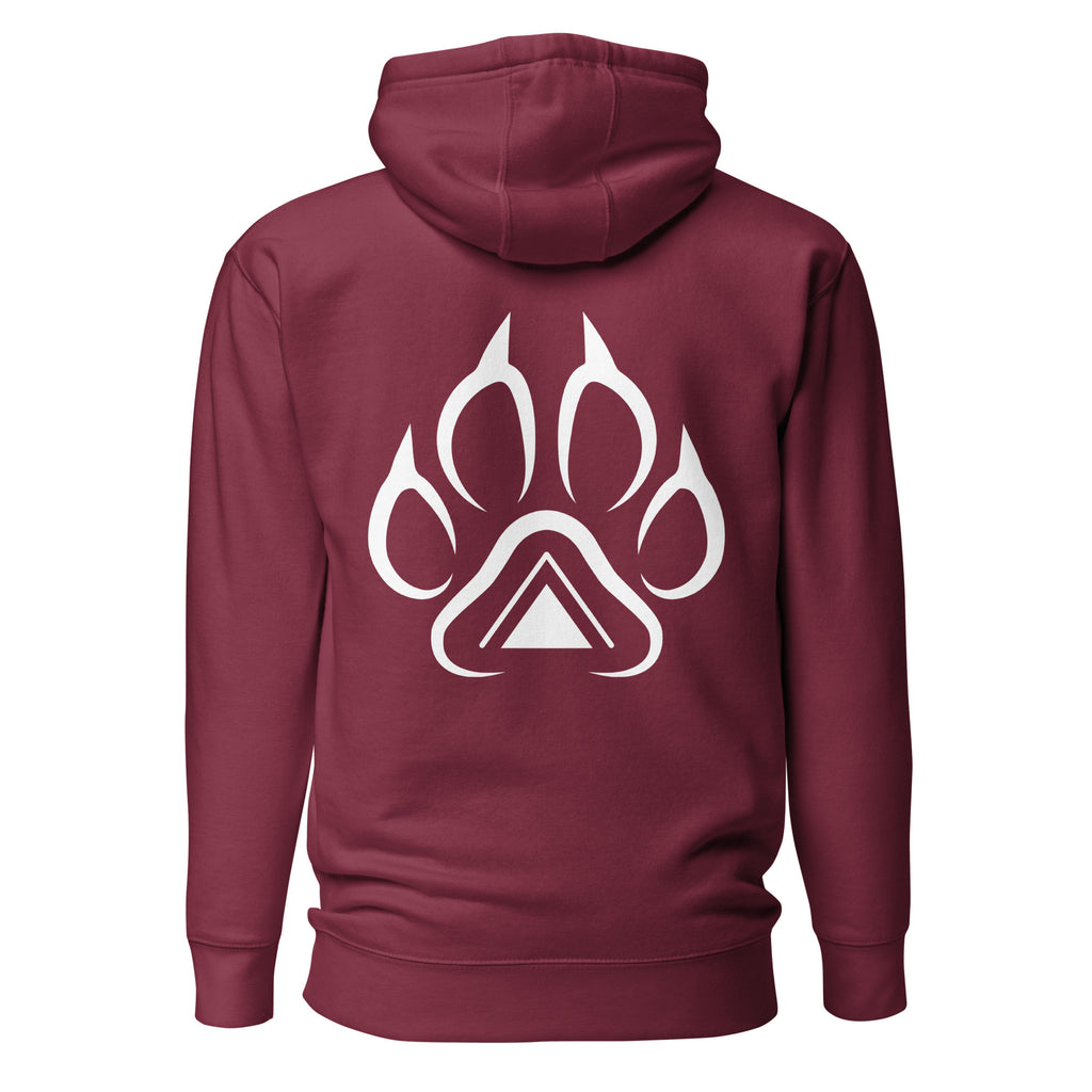 Maroon Grit City Tribe hoodie back with tribal lion paw print and triangle graphic