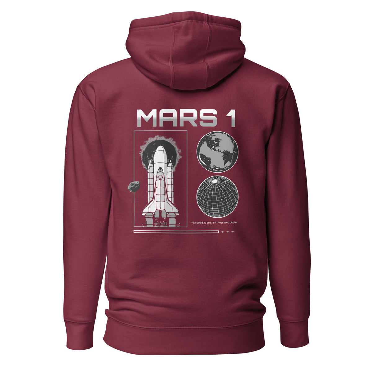 Back view of a maroon hoodie with 'MARS 1' text above space shuttle and planet graphic.
