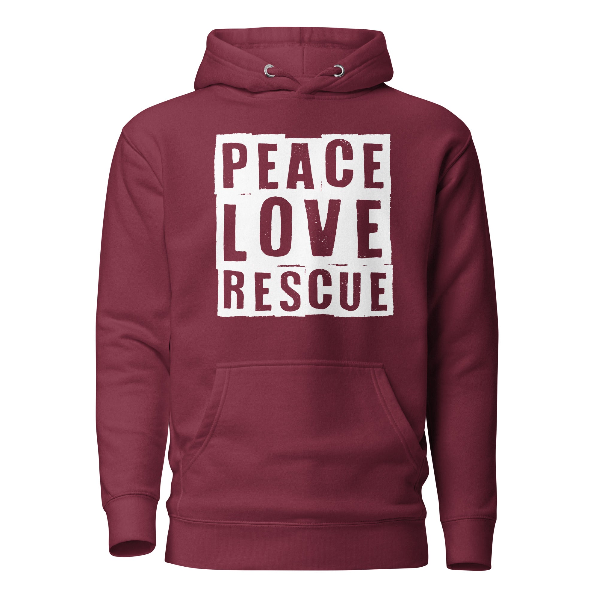 Maroon Peace Love Rescue Streetwear Hoodie with white graphic.