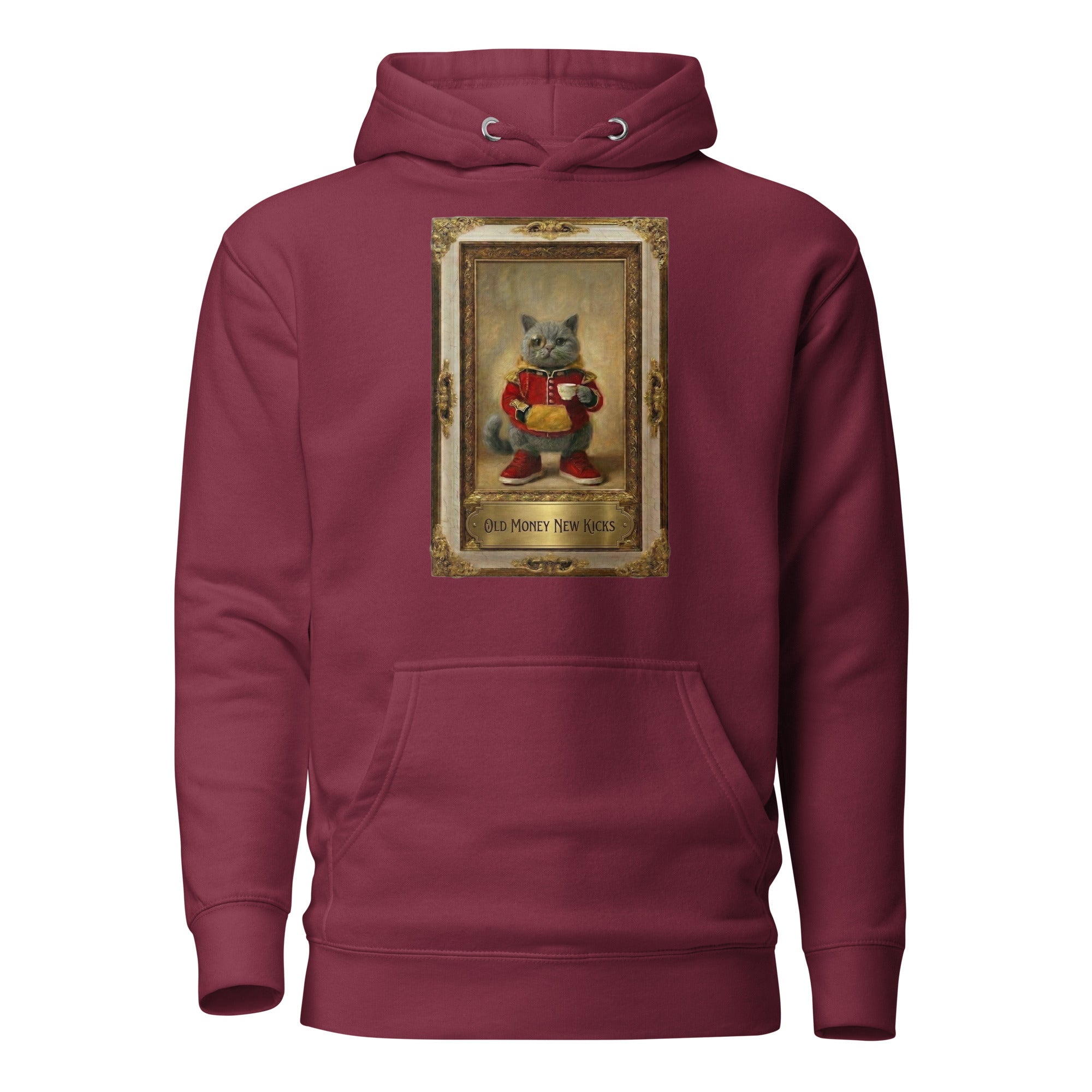 Maroon hoodie with Renaissance portrait in ornate gilded frame graphic, front view