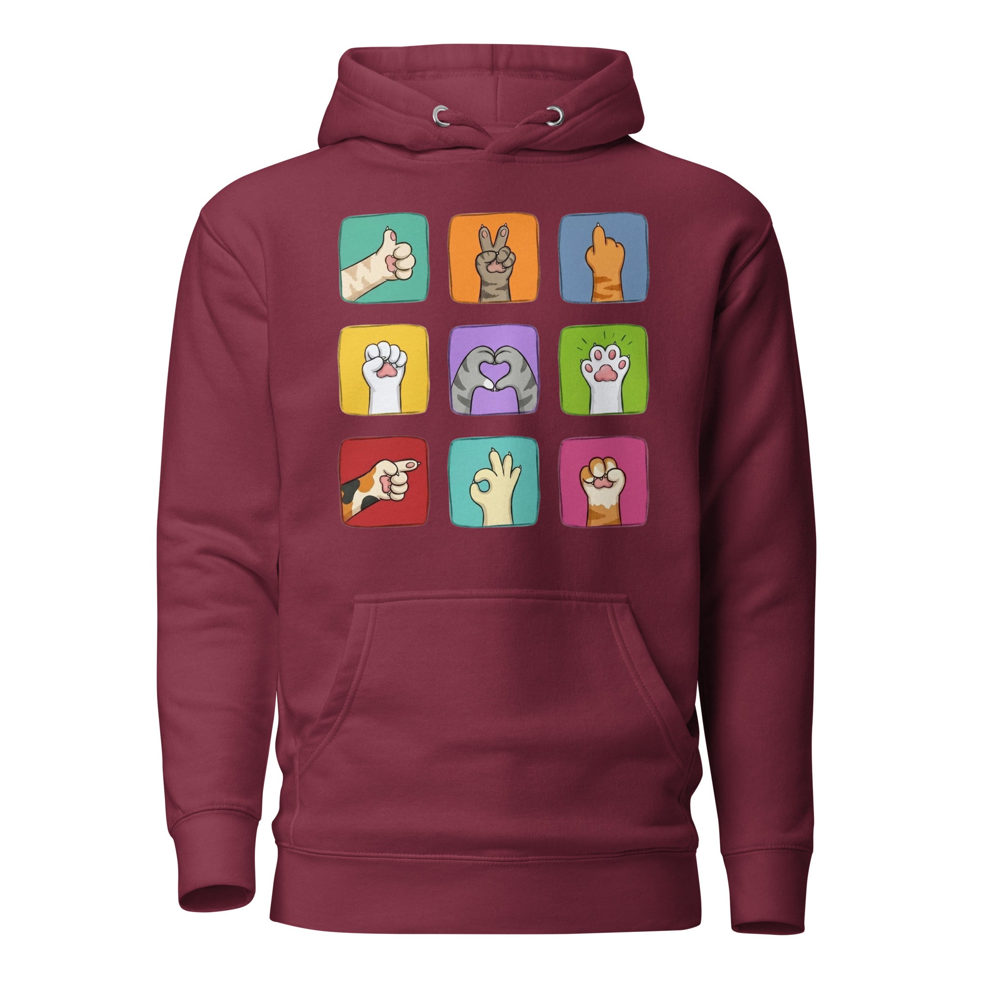 Maroon hoodie with colorful paw signals grid graphic, front flat lay