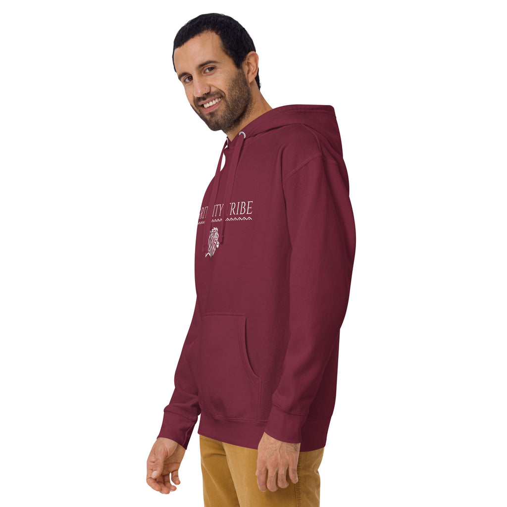 Left side view of maroon Grit City Tribe hoodie showing tribal lion graphic and front pocket