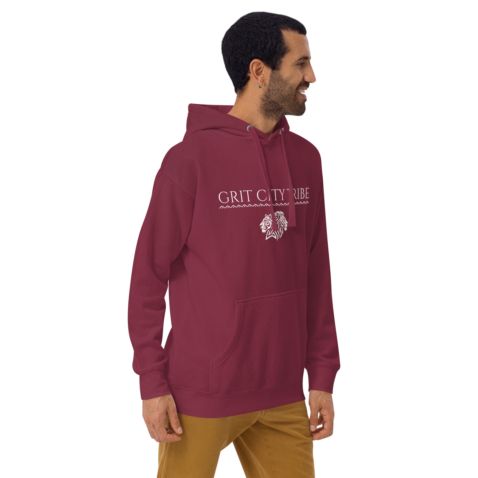 Right side view of maroon Grit City Tribe hoodie showing tribal lion graphic and front pocket