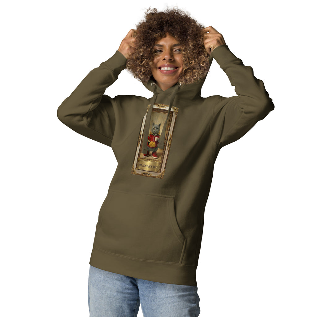 Model wearing military green hoodie with Renaissance portrait in gilded frame, front view