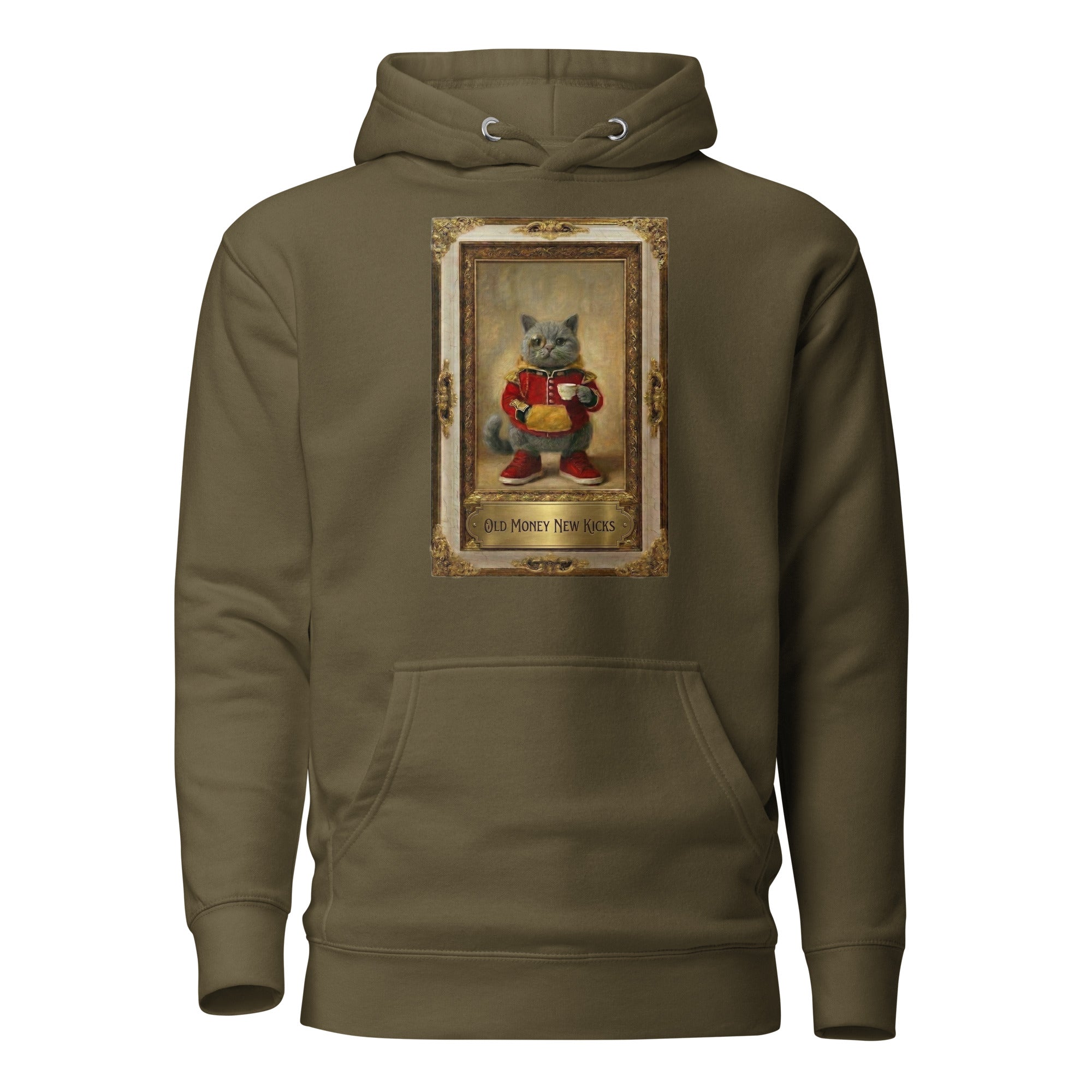 Military green hoodie with Renaissance portrait in ornate gilded frame graphic, front view
