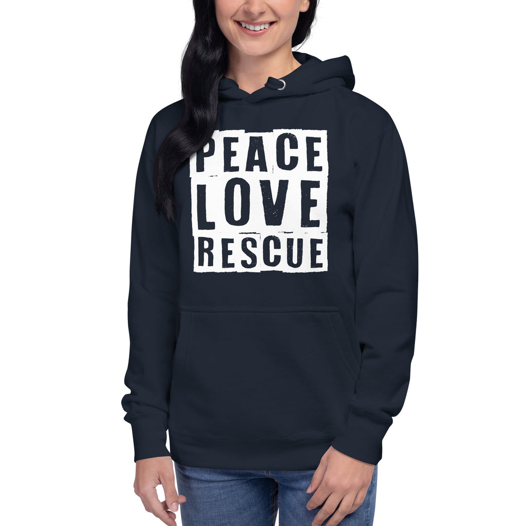 Model wearing navy Peace Love Rescue Streetwear Hoodie with white graphic.