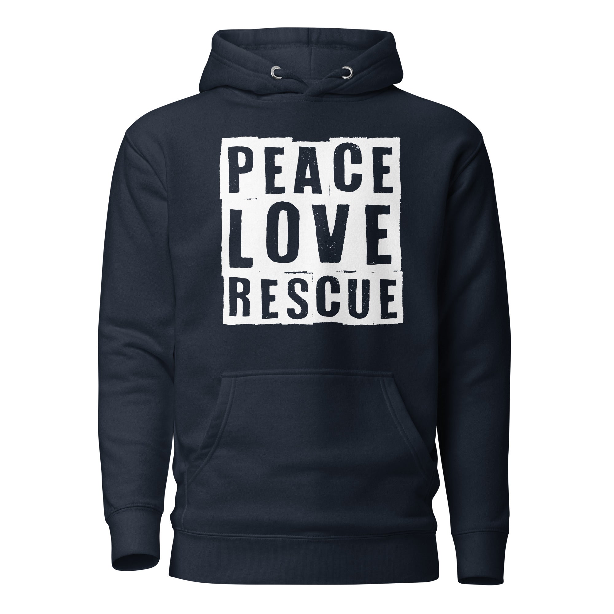 Navy Peace Love Rescue Streetwear Hoodie with white graphic.