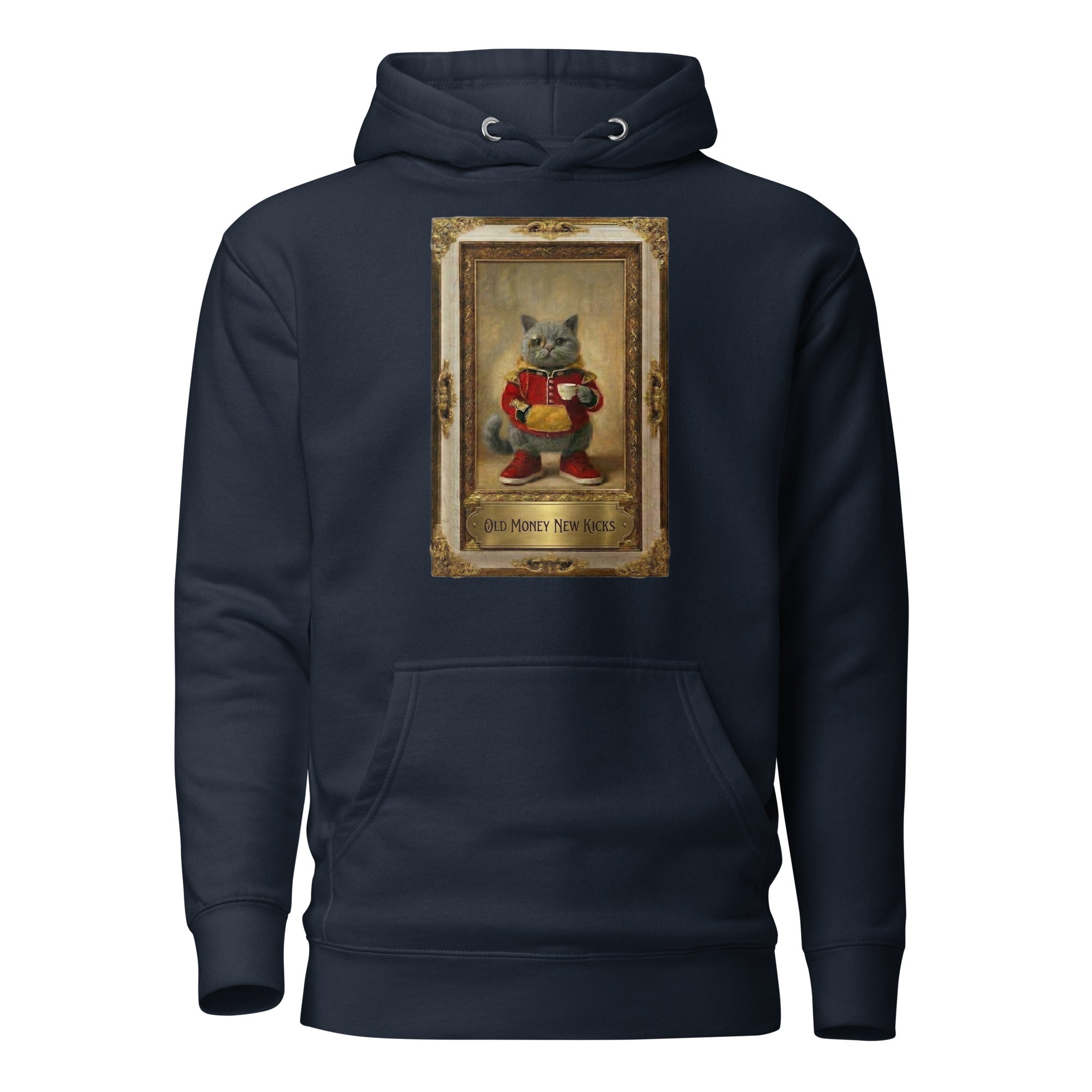 Navy hoodie with Renaissance portrait in ornate gilded frame graphic, front view