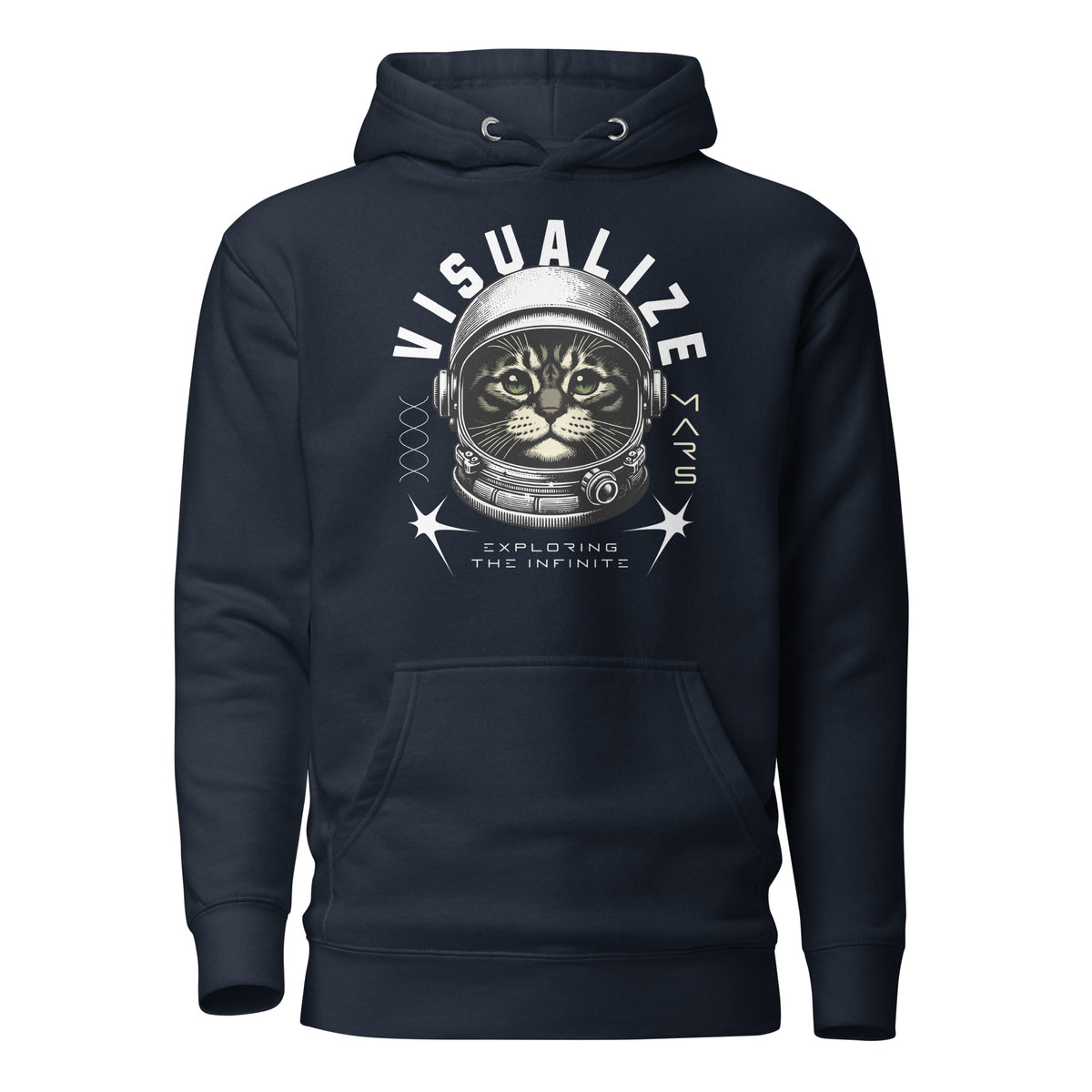 Front  view of a navy hoodie with a graphic of a cat wearing a space helmet. The text above the graphic reads, "VISUALIZE MARS," with the sub-text, "EXPLORE THE INFINITE.