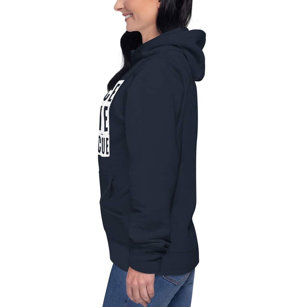 Model wearing navy Peace Love Rescue Streetwear Hoodie, left side view.